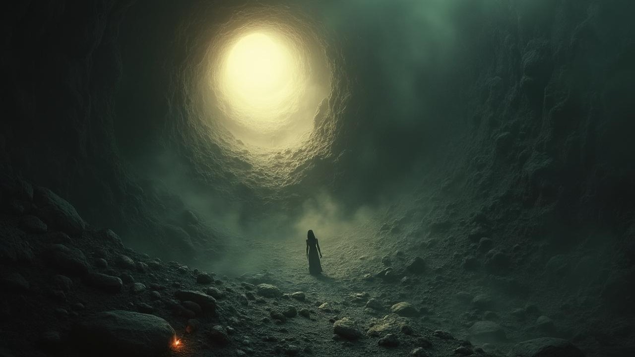 Solitary Figure in a Dark Cavern with Ethereal Light