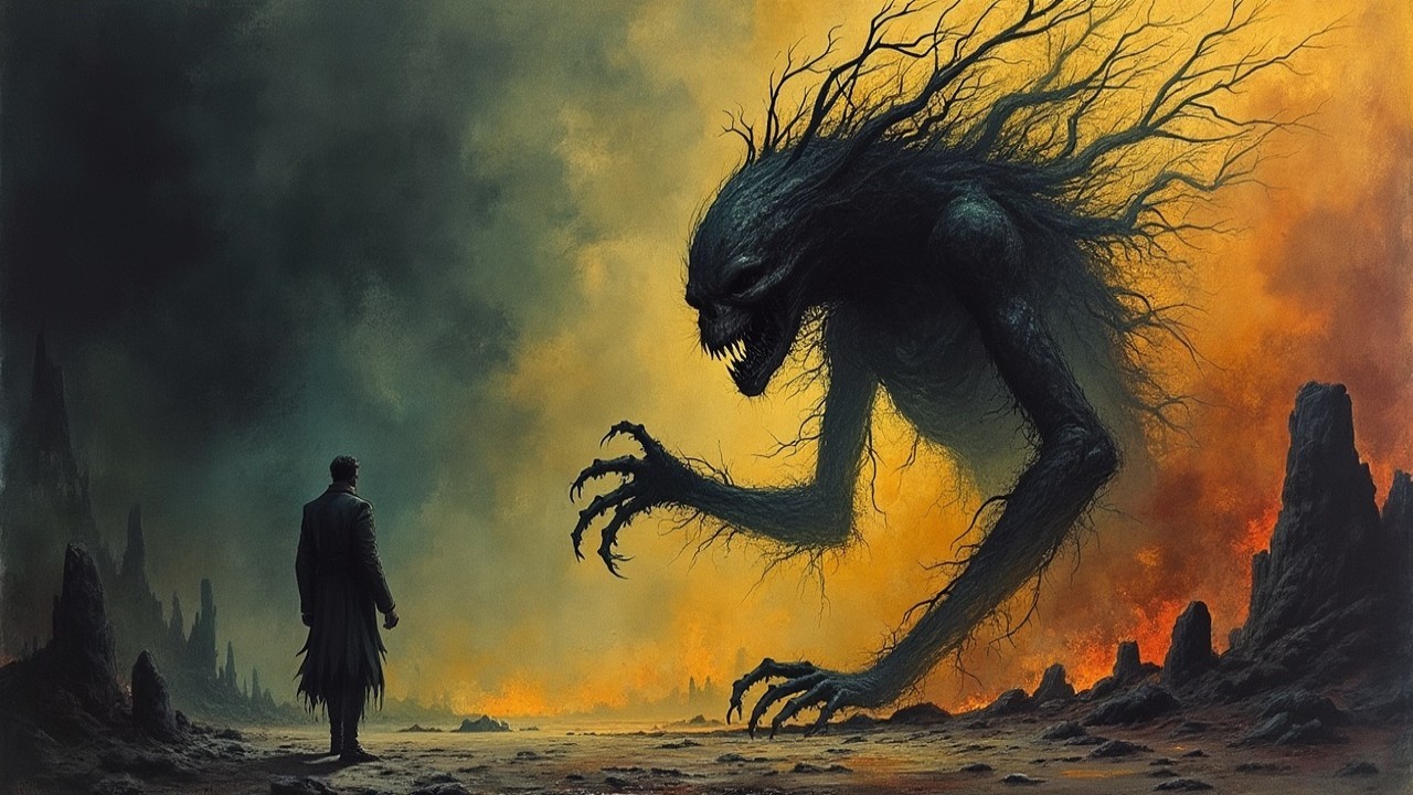 Lone Figure Confronts Dark Creature in Desolate Landscape