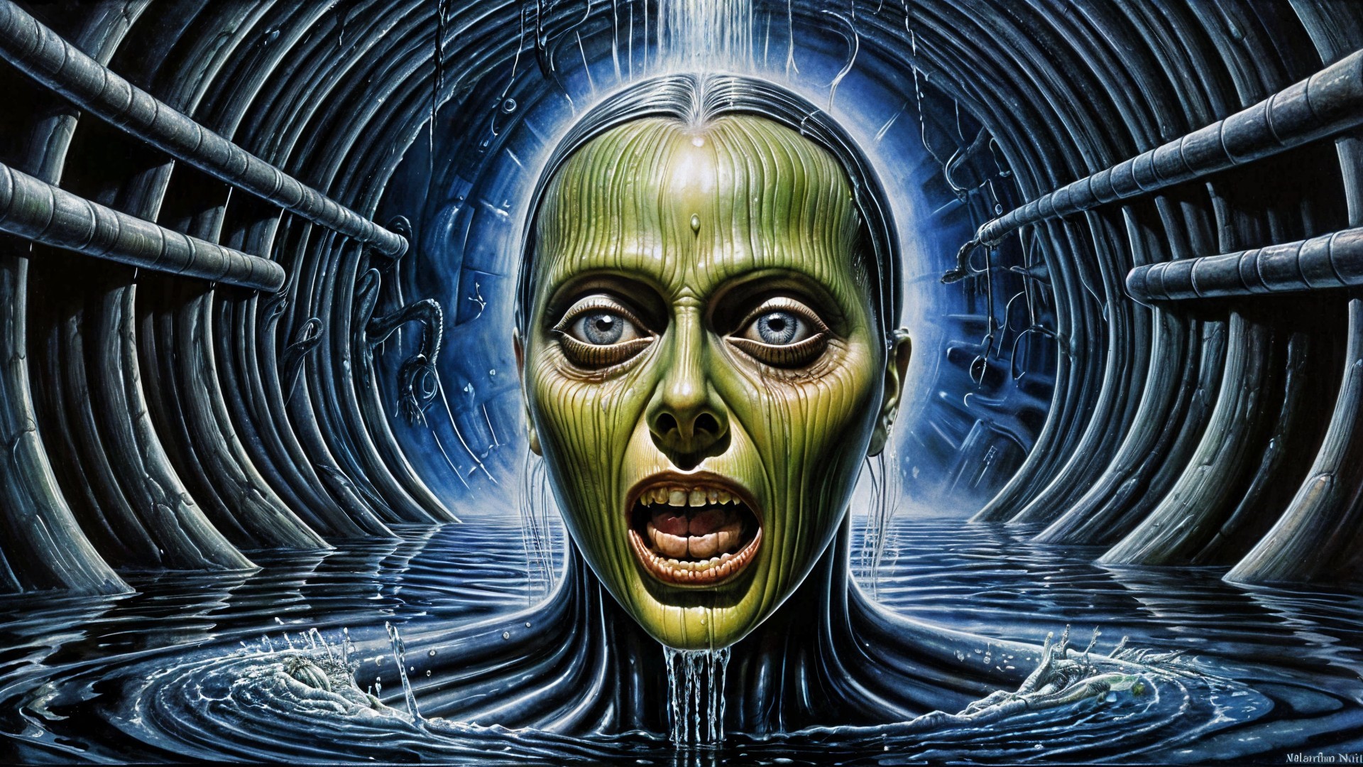 Haunting Figure Surrounded by Dark Industrial Elements