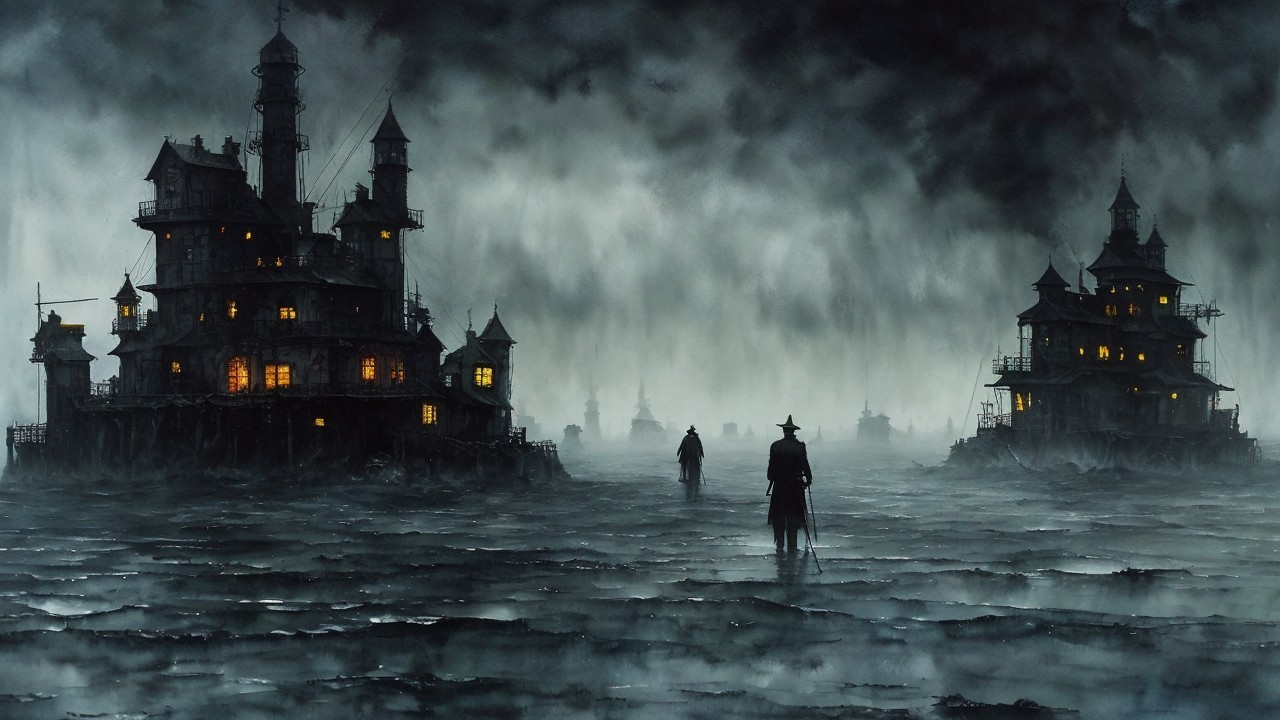 Eerie Landscape with Illuminated Mansions and Fog