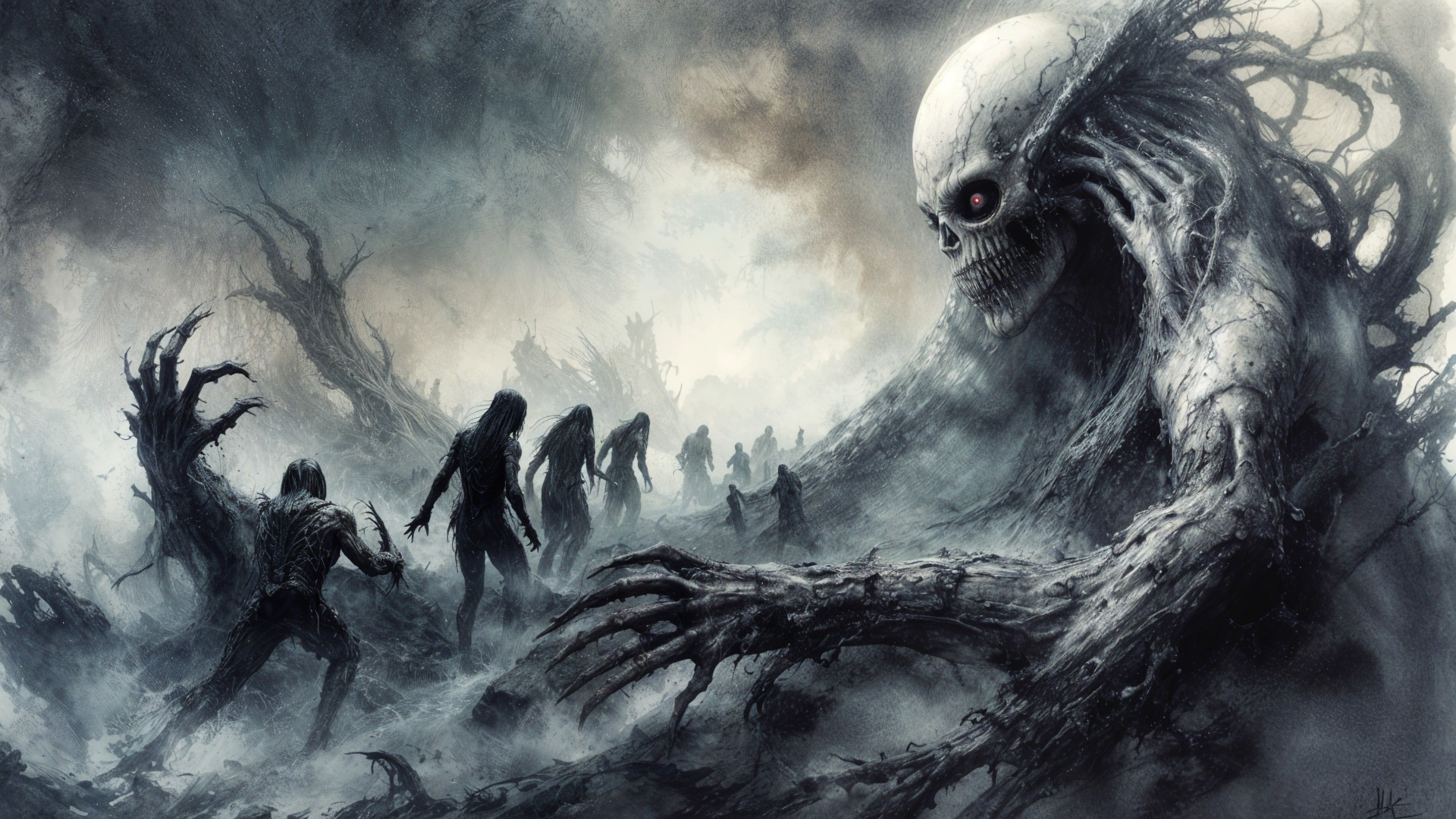 Eerie Landscape with Haunting Figures and Fog