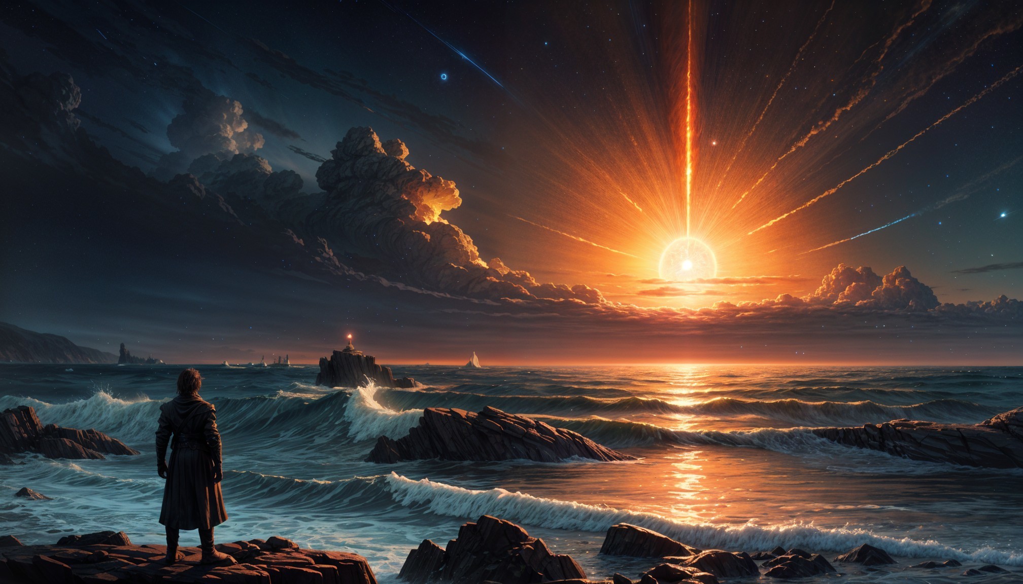 Lone Figure on Rocky Shores at Sunset with Mountains