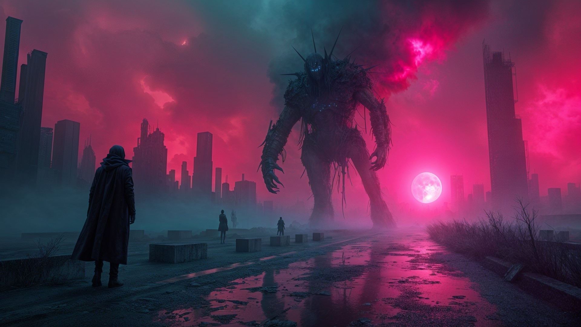 Monstrous Figure in Post-Apocalyptic Cityscape