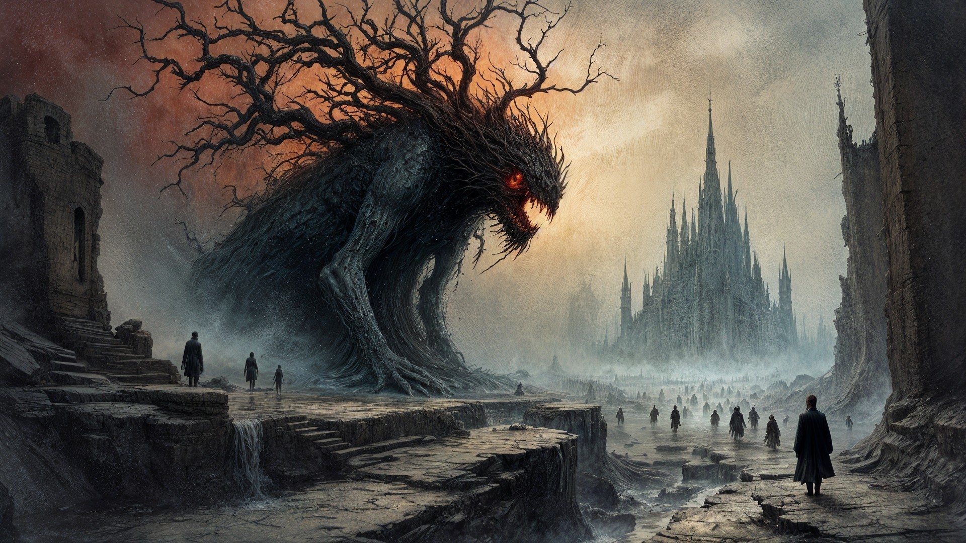 Monstrous Creature in Dark Fantastical Landscape