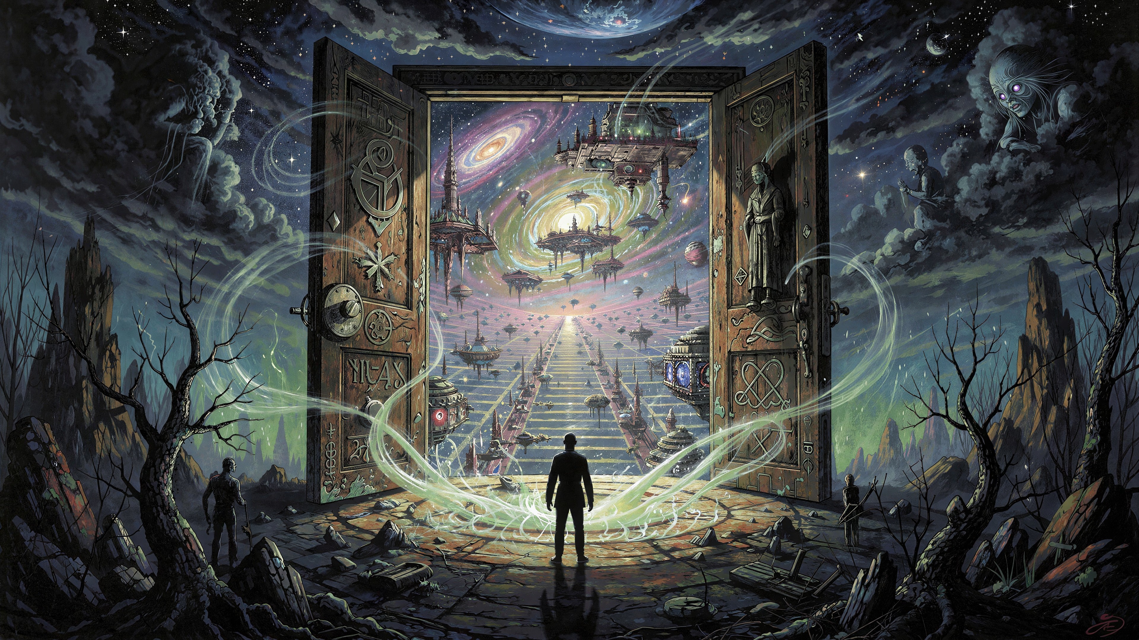 Man in dark landscape before ornate gates to galaxy