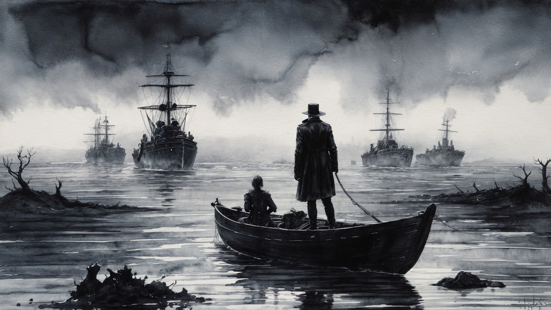Monochrome Scene of Figures in Boat with Ships in Mist