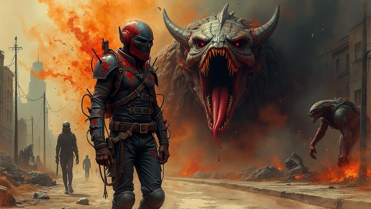 Lone Warrior in Futuristic Armor Amidst Destruction