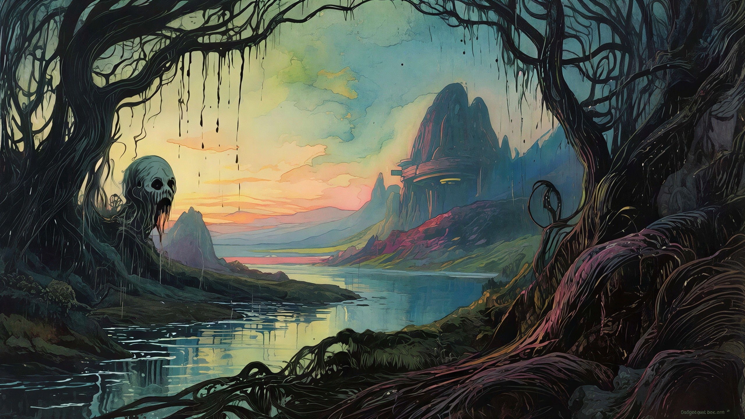 Desolate Swamp Landscape with Ghostly Figure at Sunset