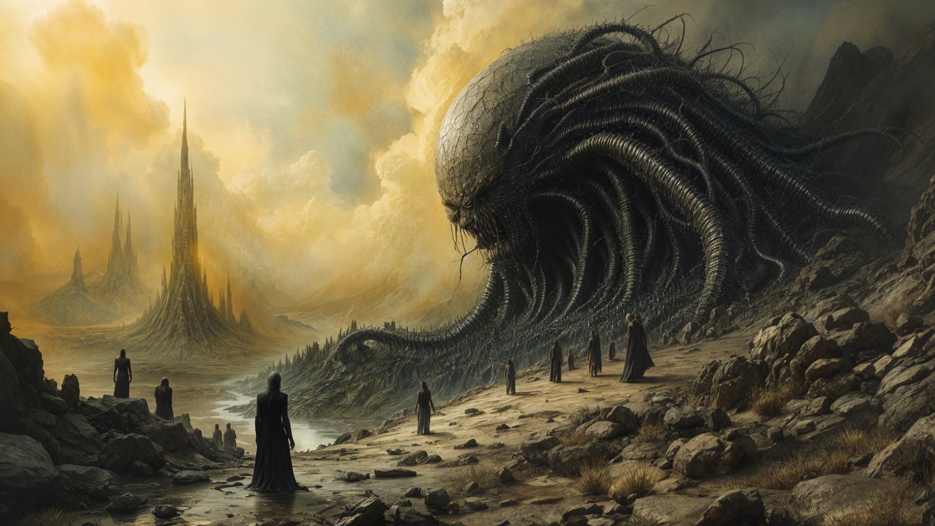 Haunting Landscape with Monstrous Figure and Silhouettes