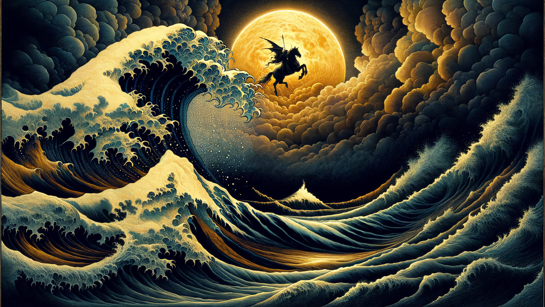 Dramatic Scene of Waves and Moonlit Landscape