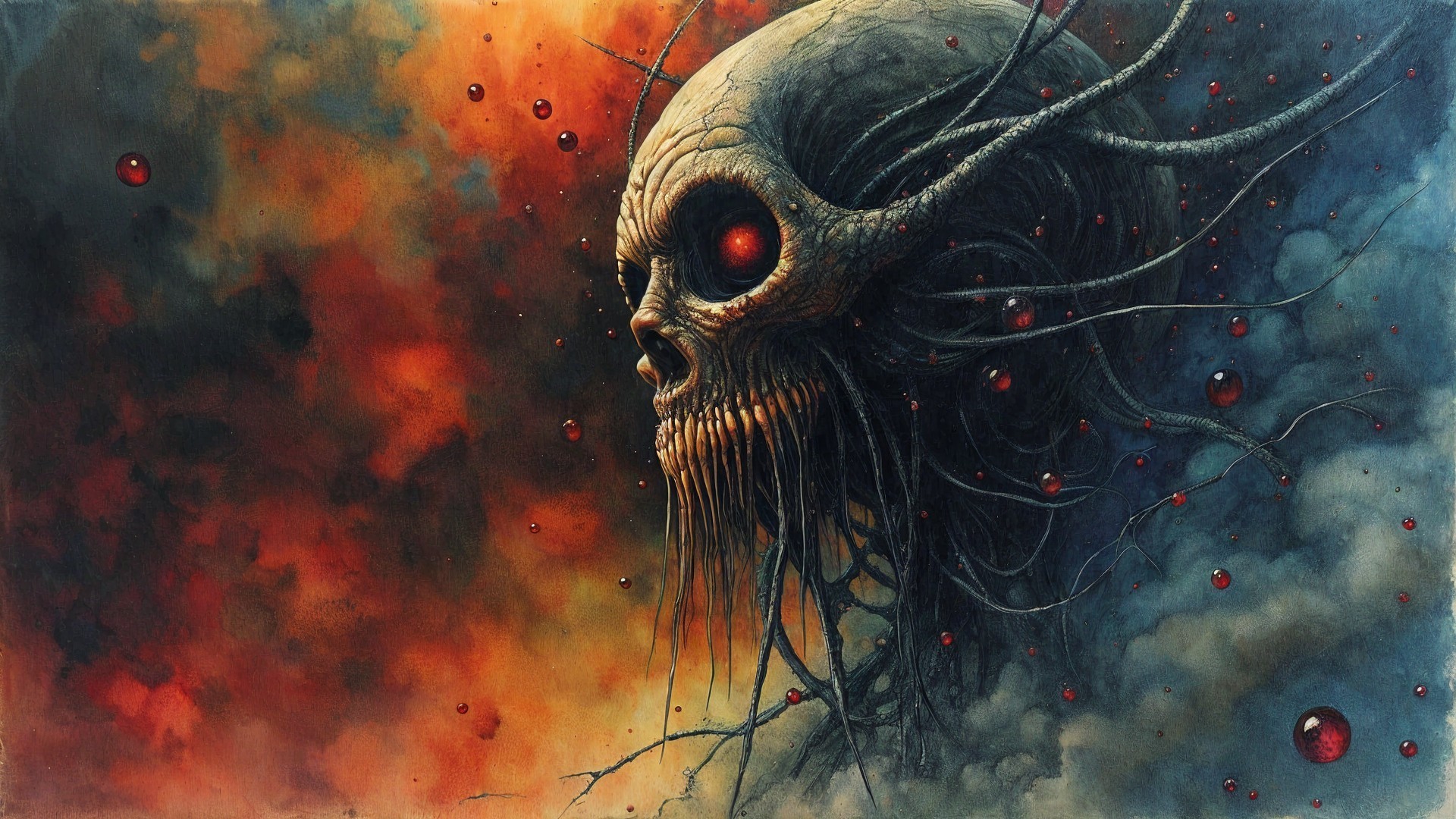 Skeletal Figure with Glowing Eyes in Dramatic Setting