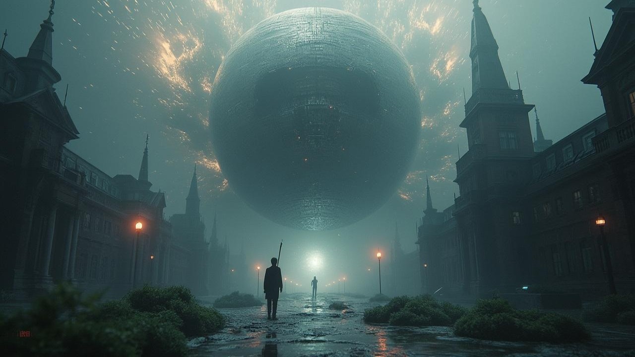 Dystopian Landscape with Figures and Glowing Sphere