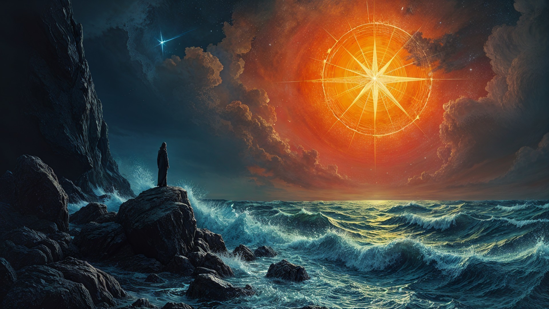 Figure on Rock by Ocean at Vibrant Sunset