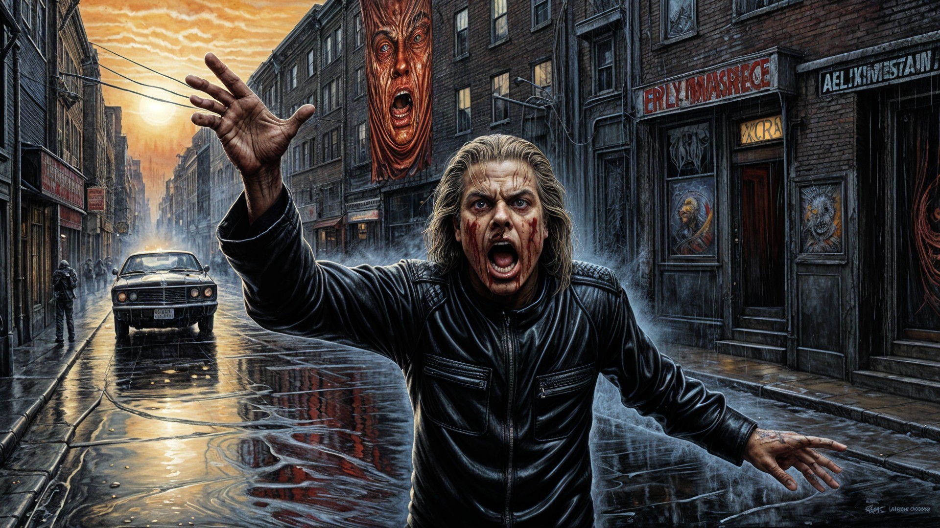 Urban street scene with dramatic sunset and intense figure