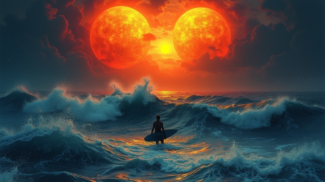 Surfer in Turbulent Waves Under Dual Sunset Suns