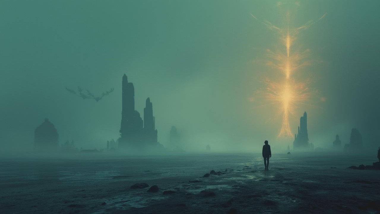 Solitary Figure in Misty Landscape with Fiery Light
