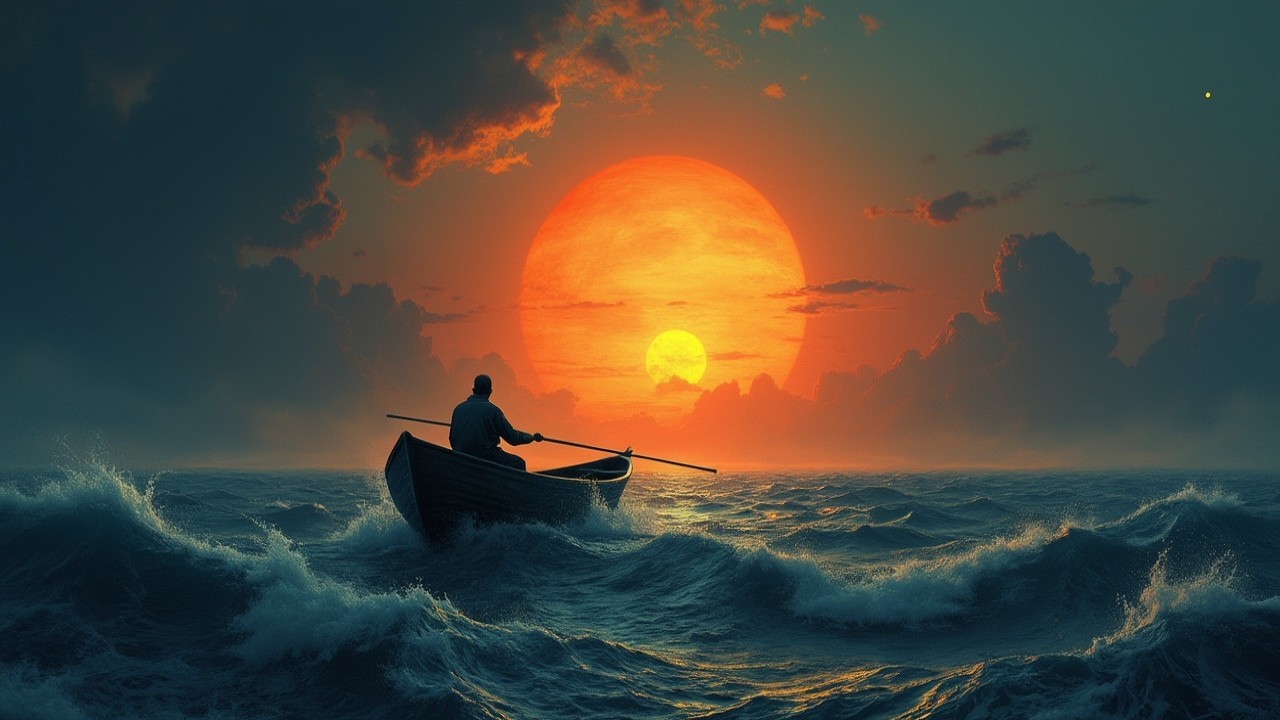 Silhouette of a lone figure rowing at sunset