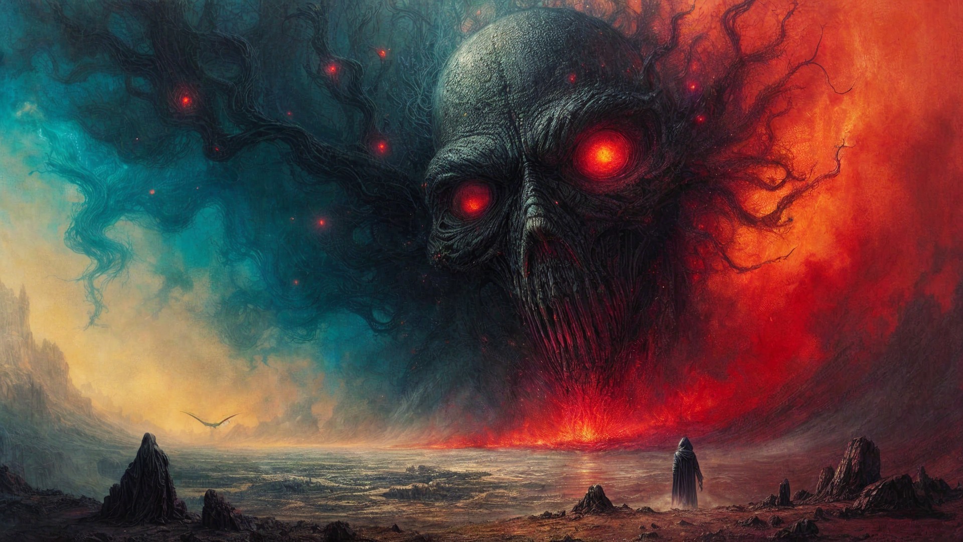 Surreal Landscape with Sinister Skull and Cloaked Figure