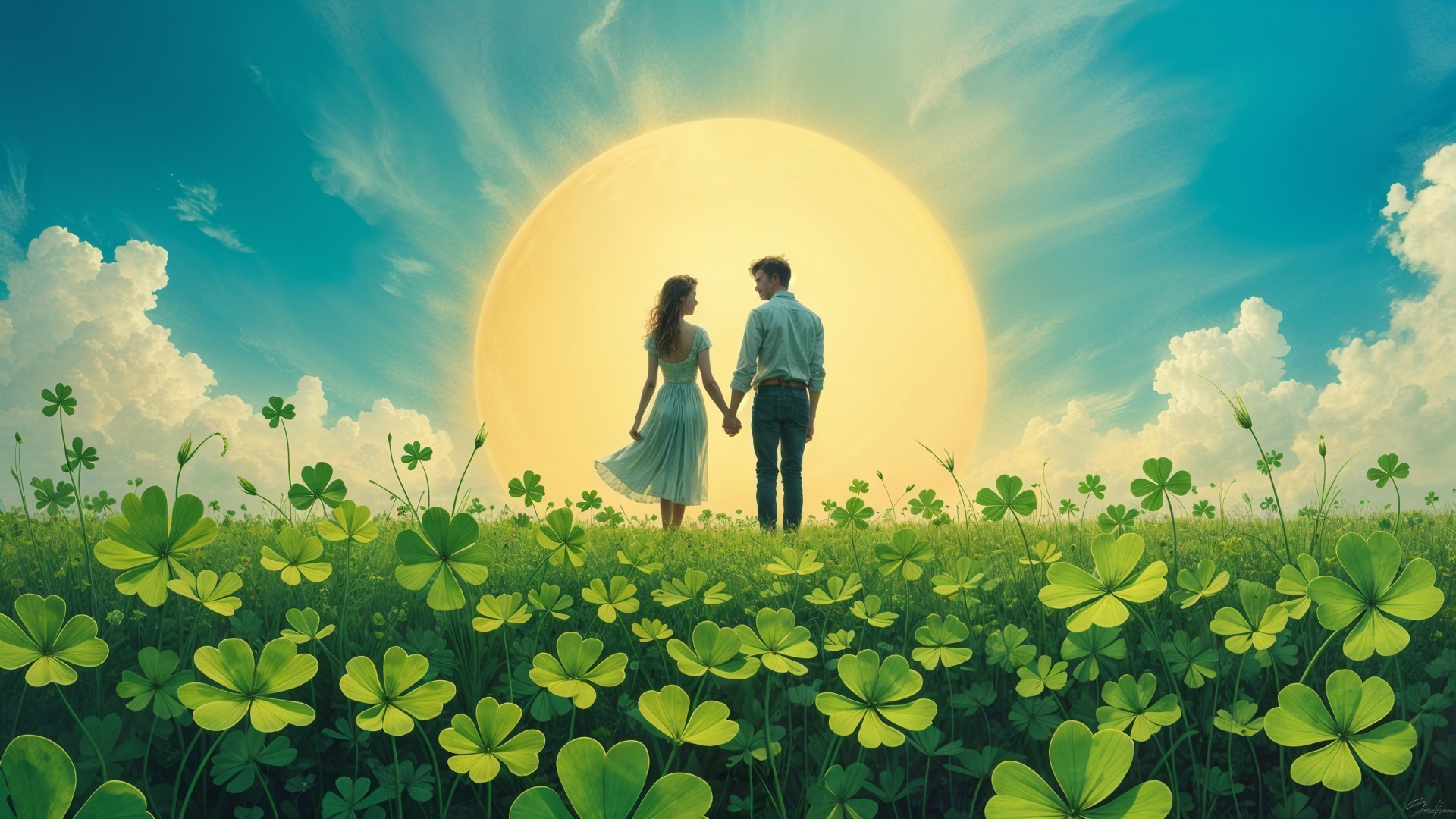 Couple in Clover Field Under Radiant Sunlight