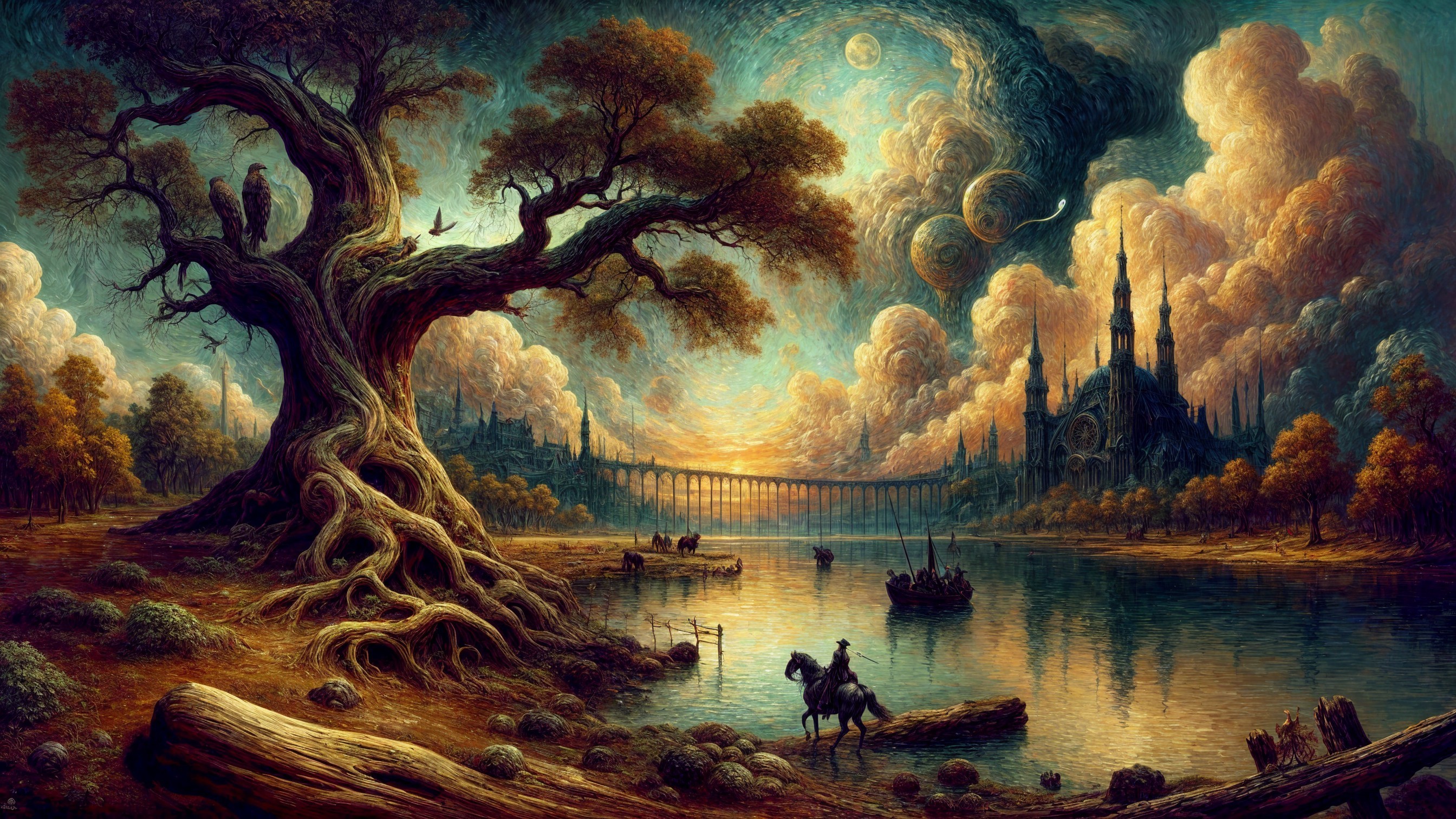Surreal Landscape with Majestic Tree and Castle