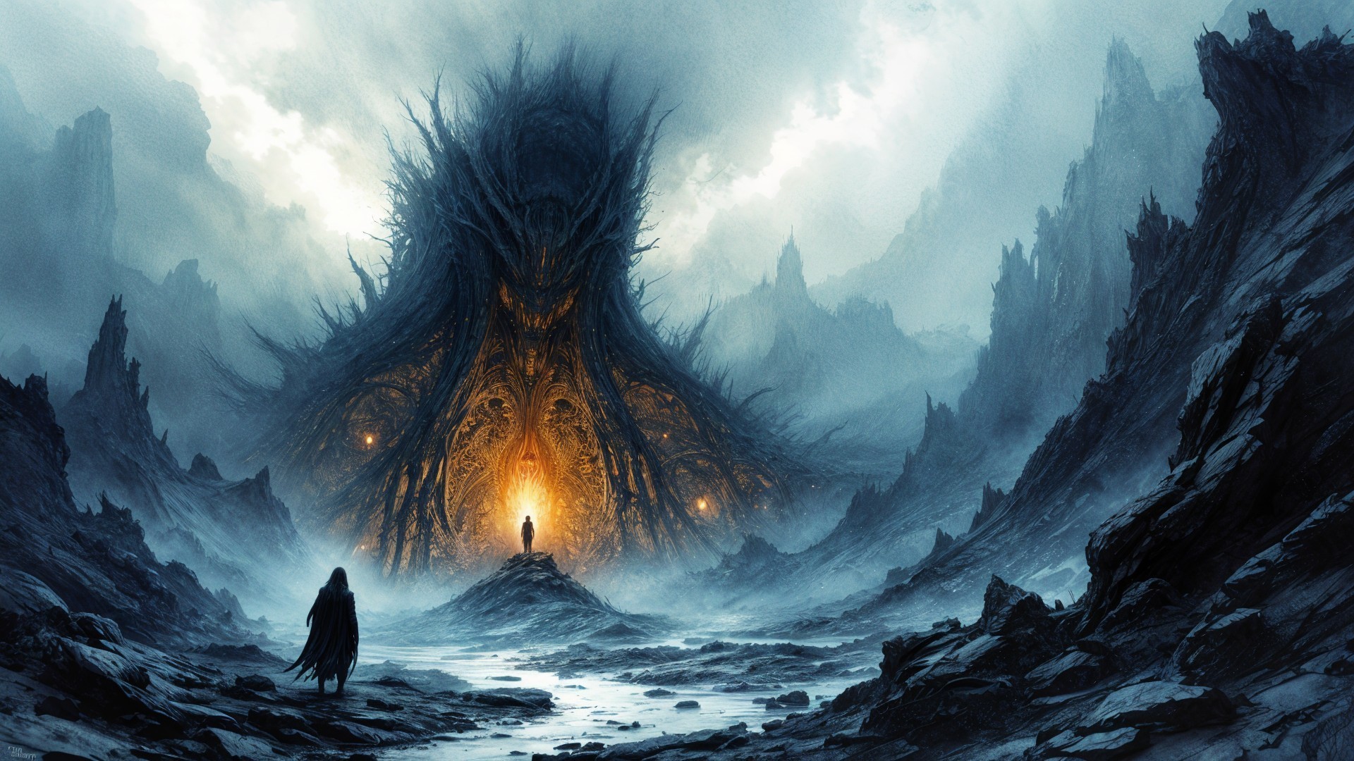 Mysterious Figure Before Twisted Organic Structure