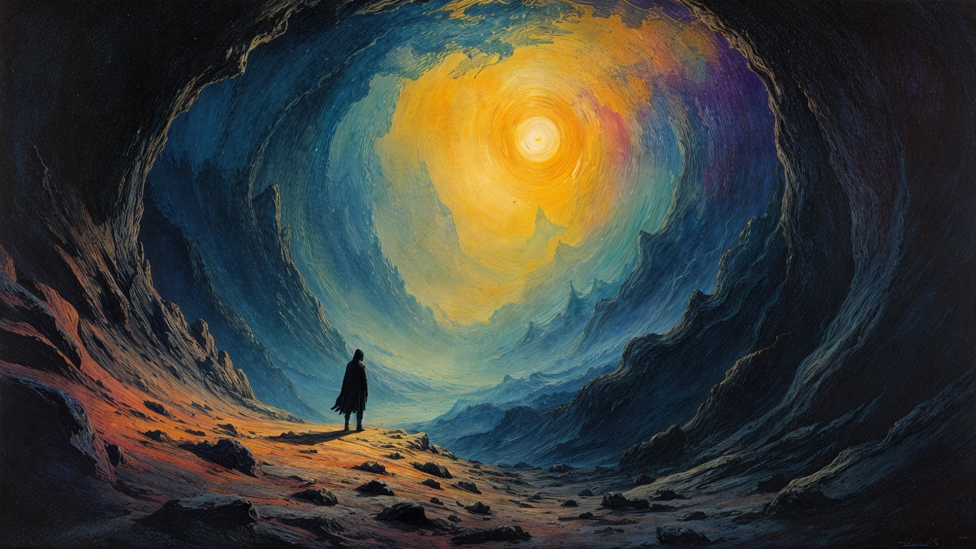 Solitary Figure in a Colorful Swirling Cavern