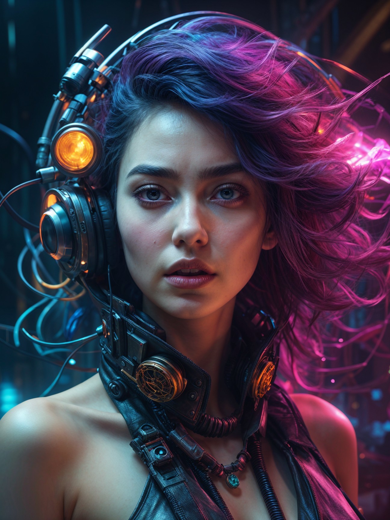 Futuristic woman with vibrant hair and high-tech headset