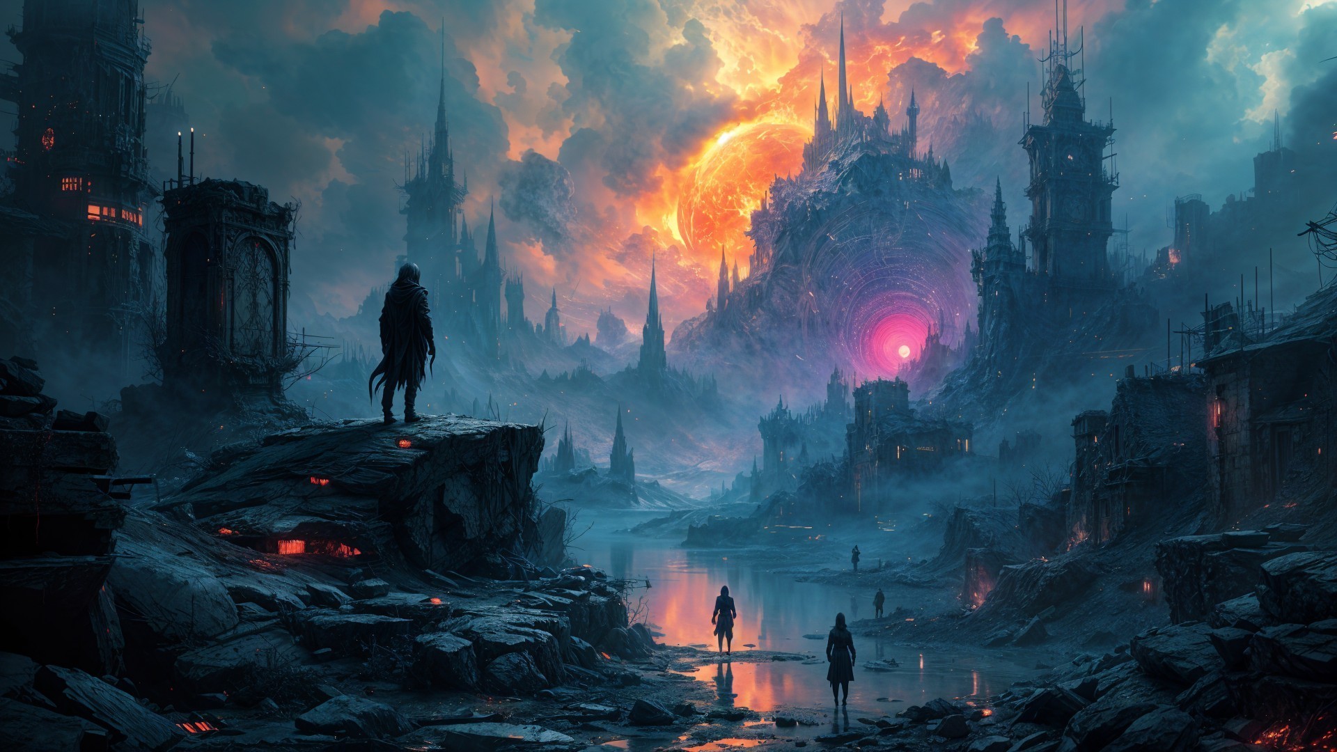 Post-Apocalyptic Landscape with Vibrant Sunset and Ruins