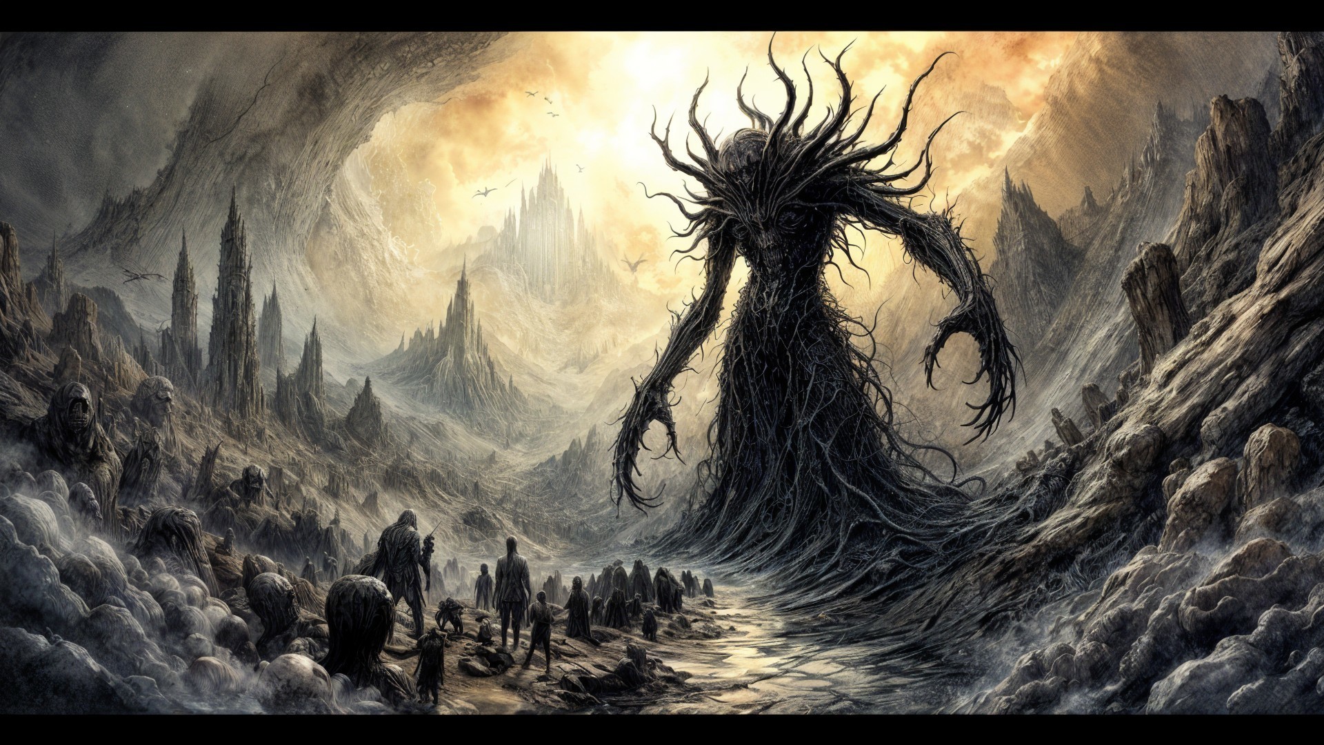 Colossal Dark Figure in Desolate Landscape Scene