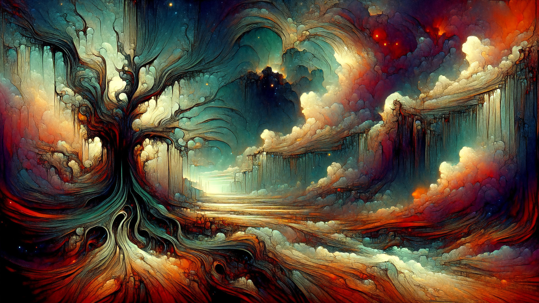 Surreal Landscape with Intricate Tree and Vibrant Sky