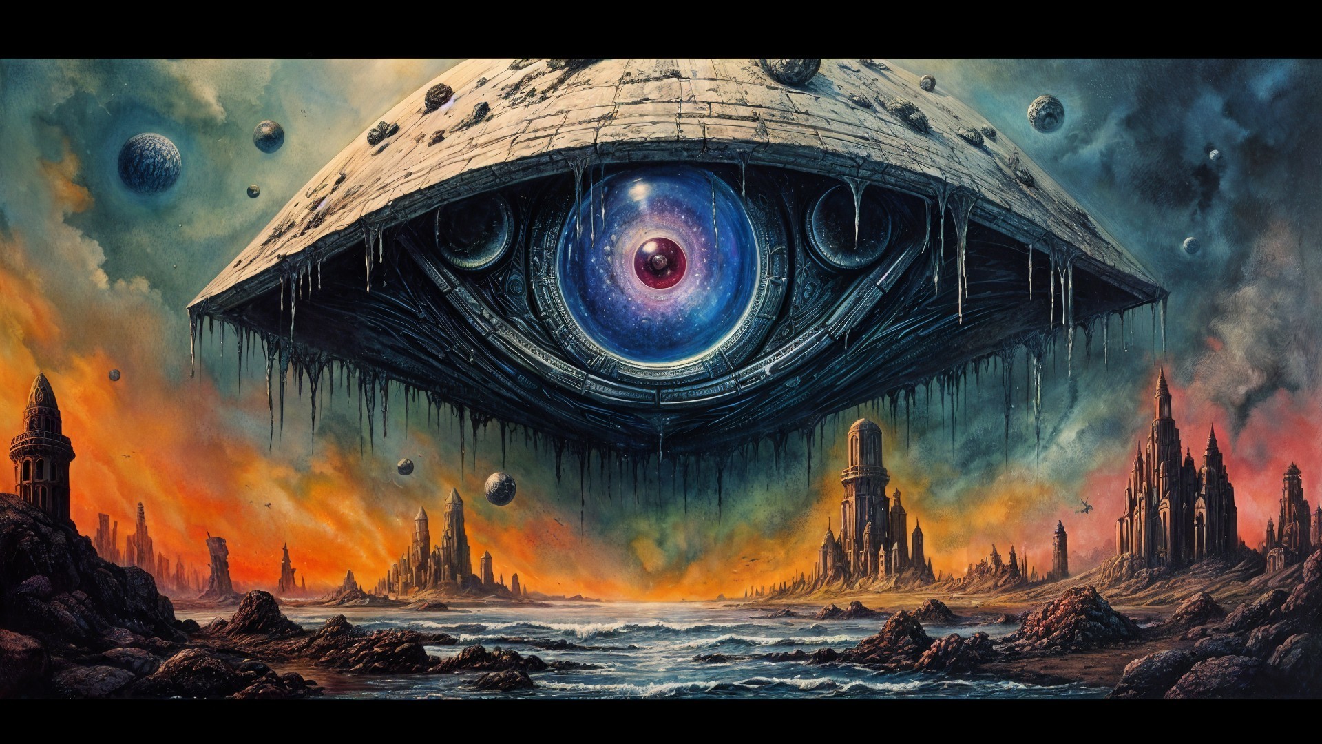 Ominous Eye Structure Over Surreal Alien Landscape