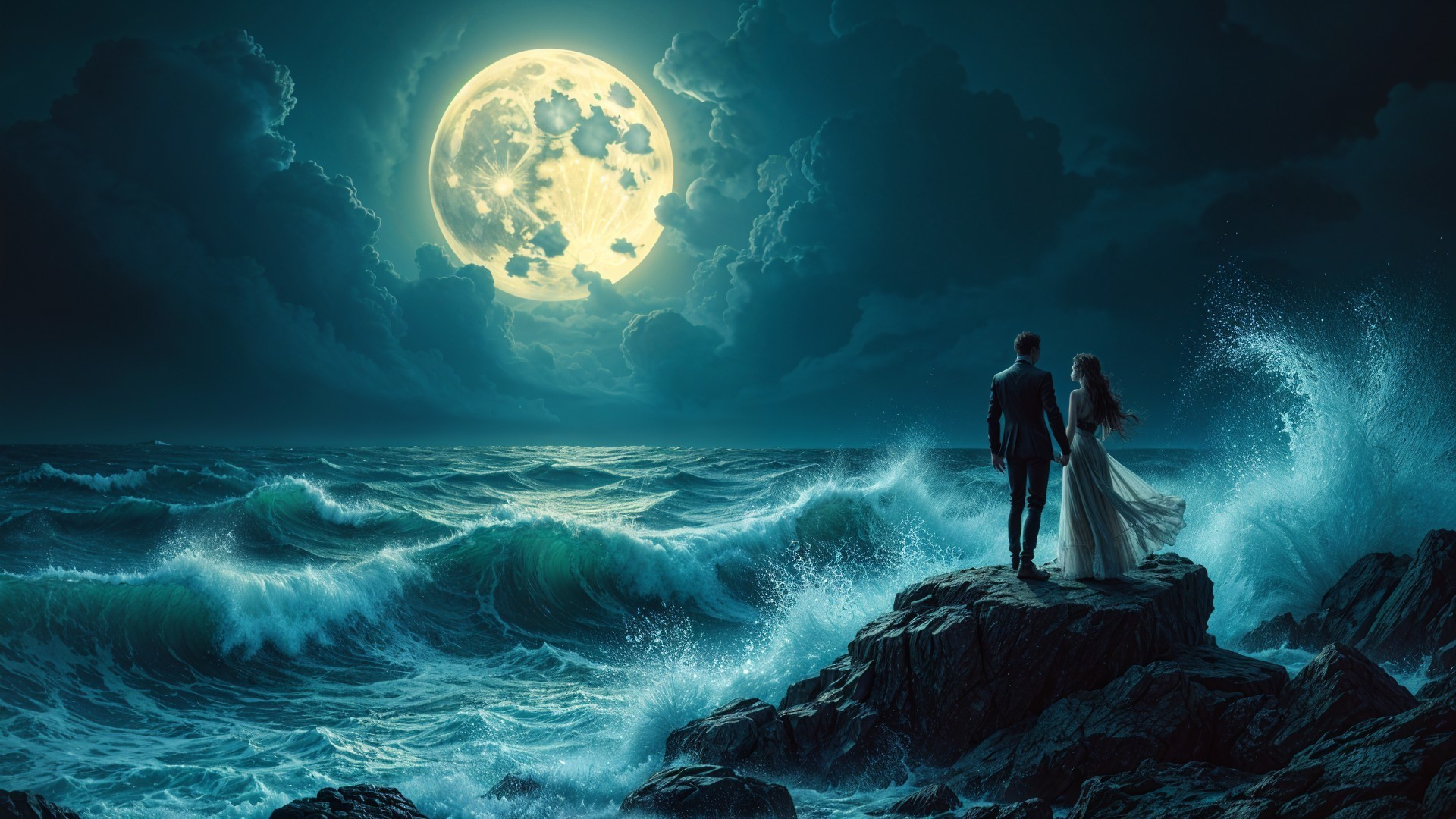 Couple on Rocky Shore Under Full Moon and Clouds