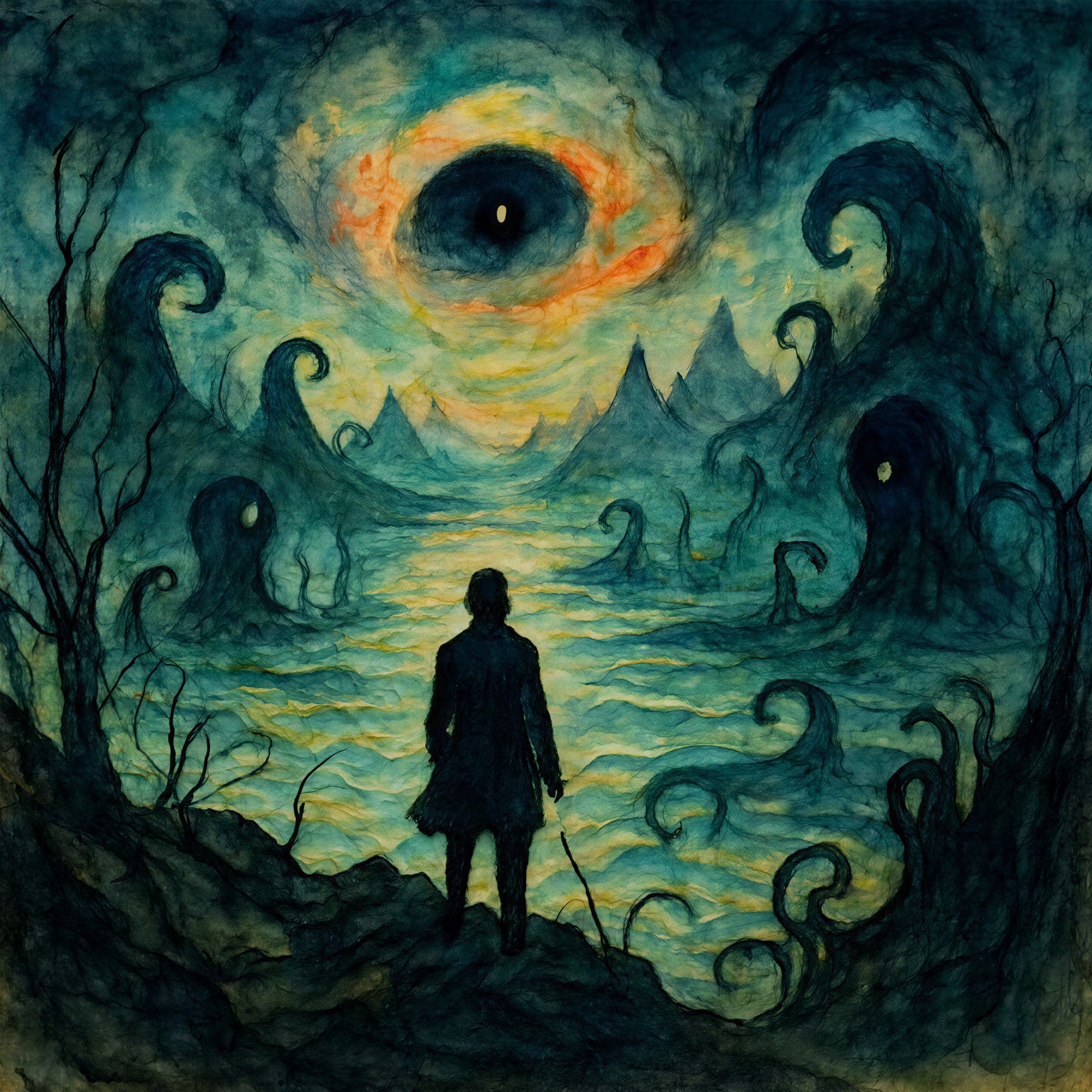 Surreal Landscape with Tentacled Creatures and Eye