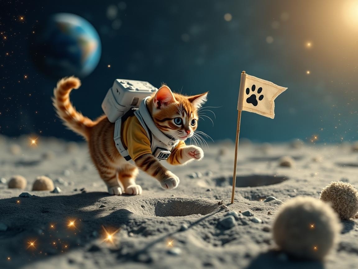 Cat in Astronaut Suit Exploring Moon's Surface