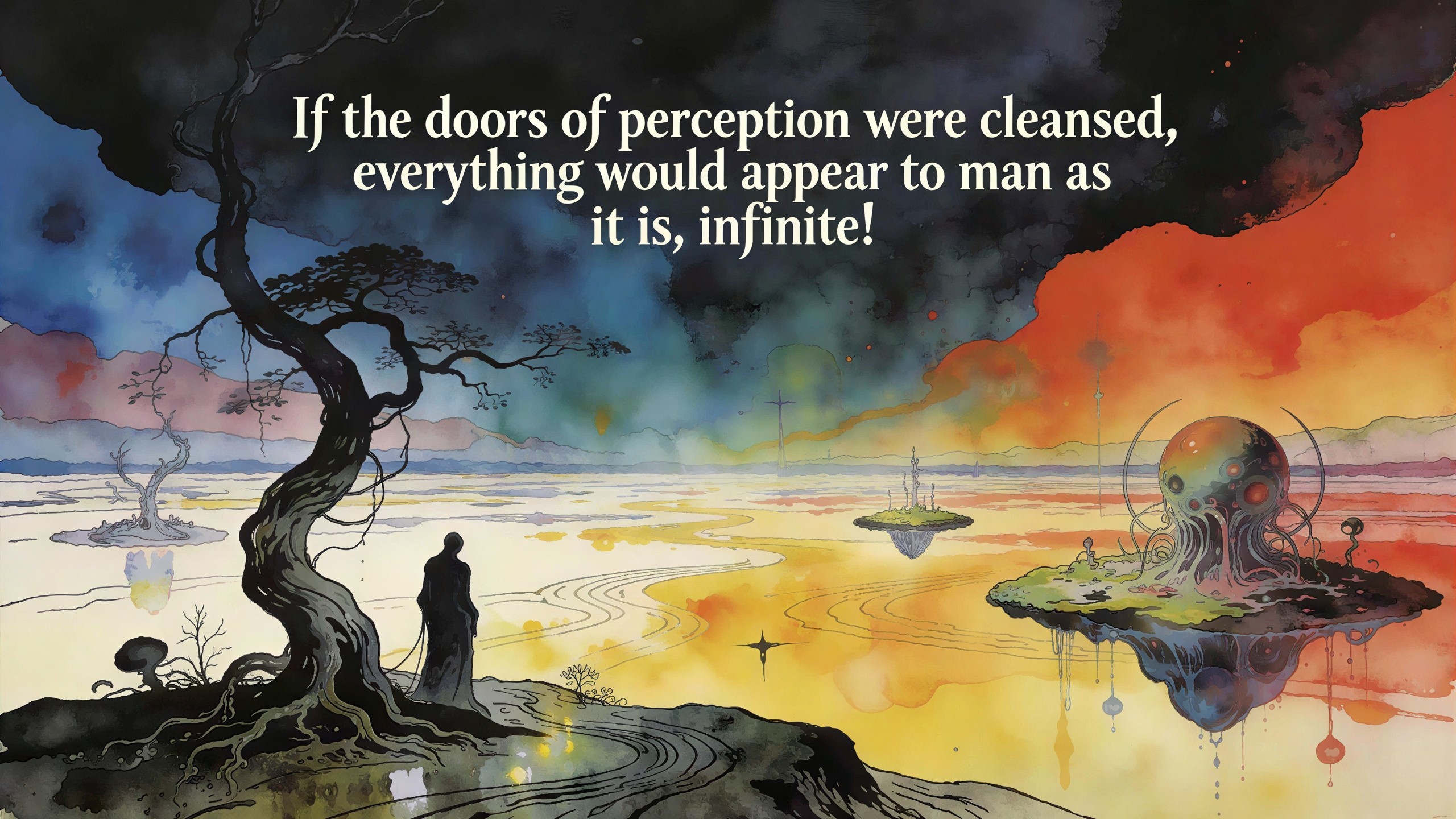 Surreal Fantasy Landscape with Abstract Watercolor Elements