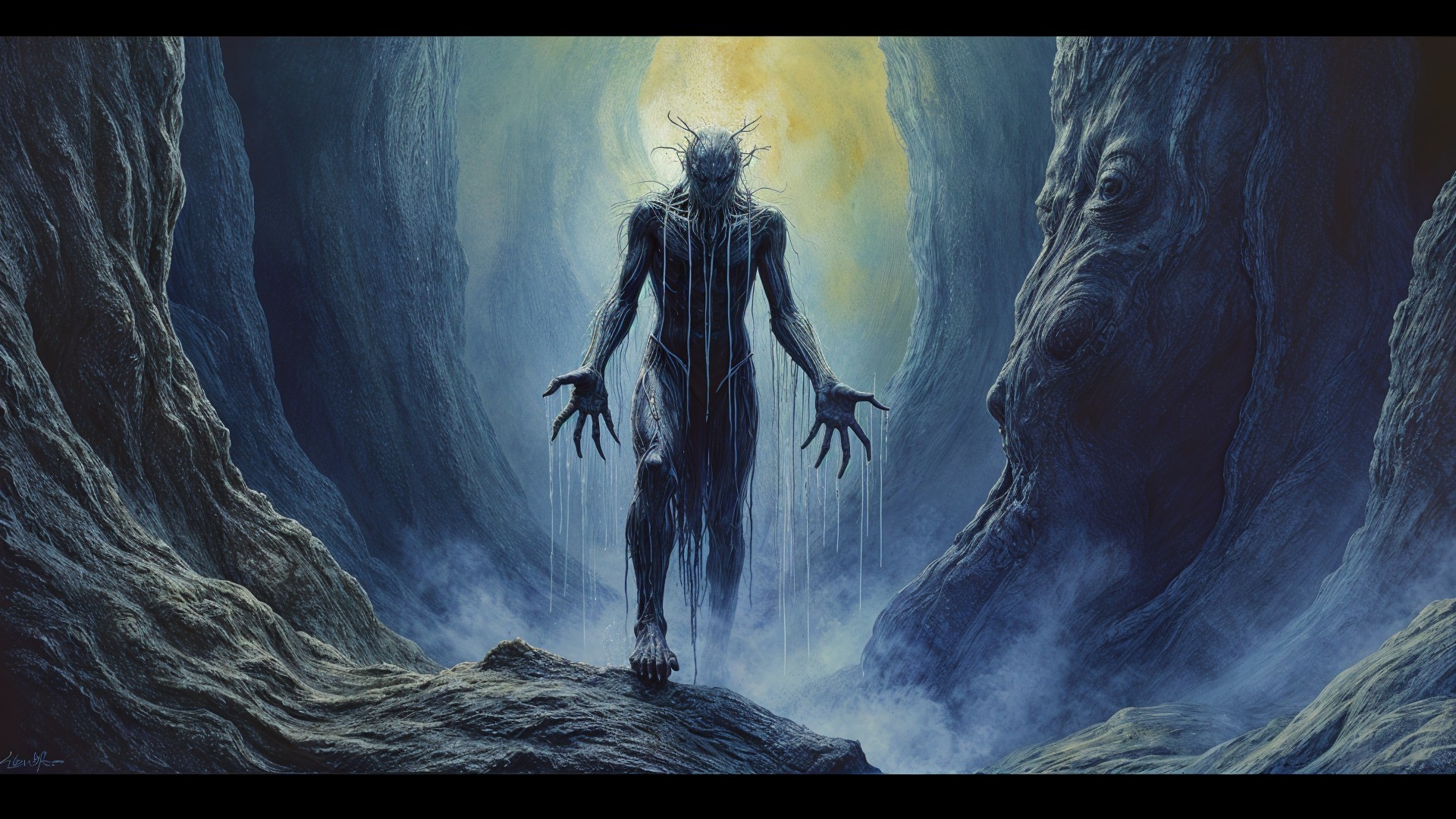 Surreal Creature in Misty Shadowy Chasm Environment