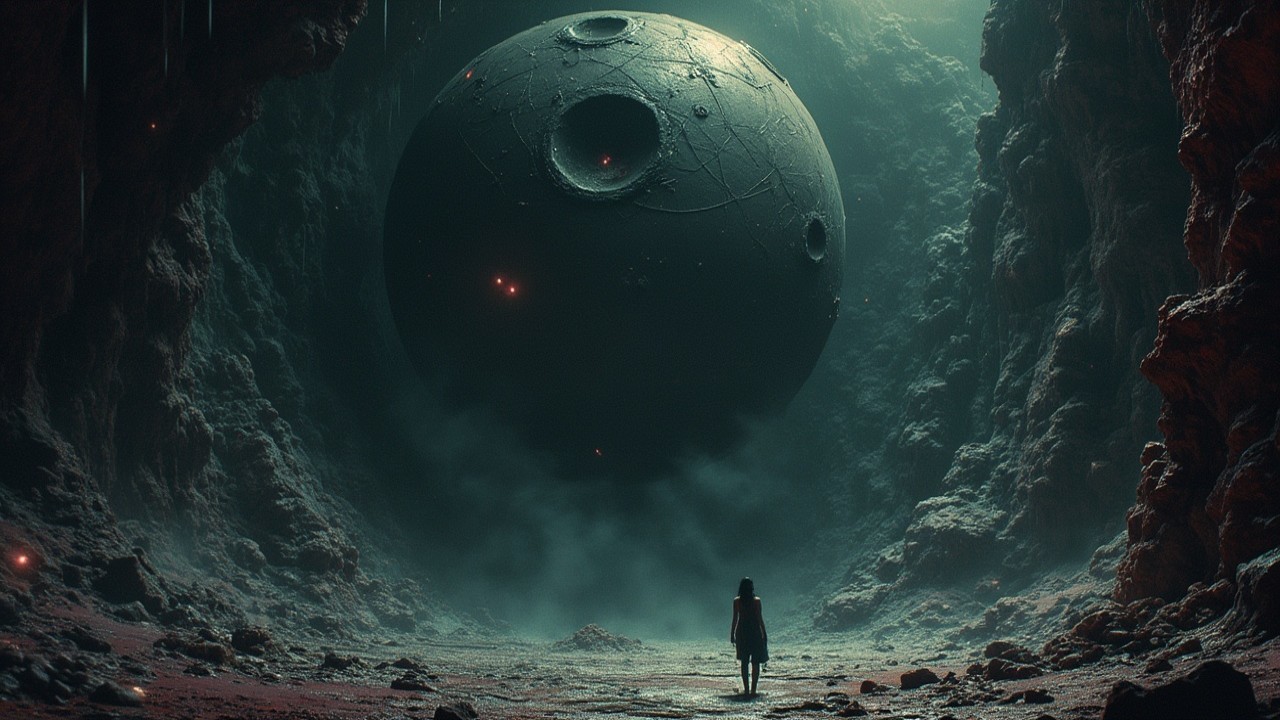 Solitary Figure in Mysterious Cavern with Dark Sphere