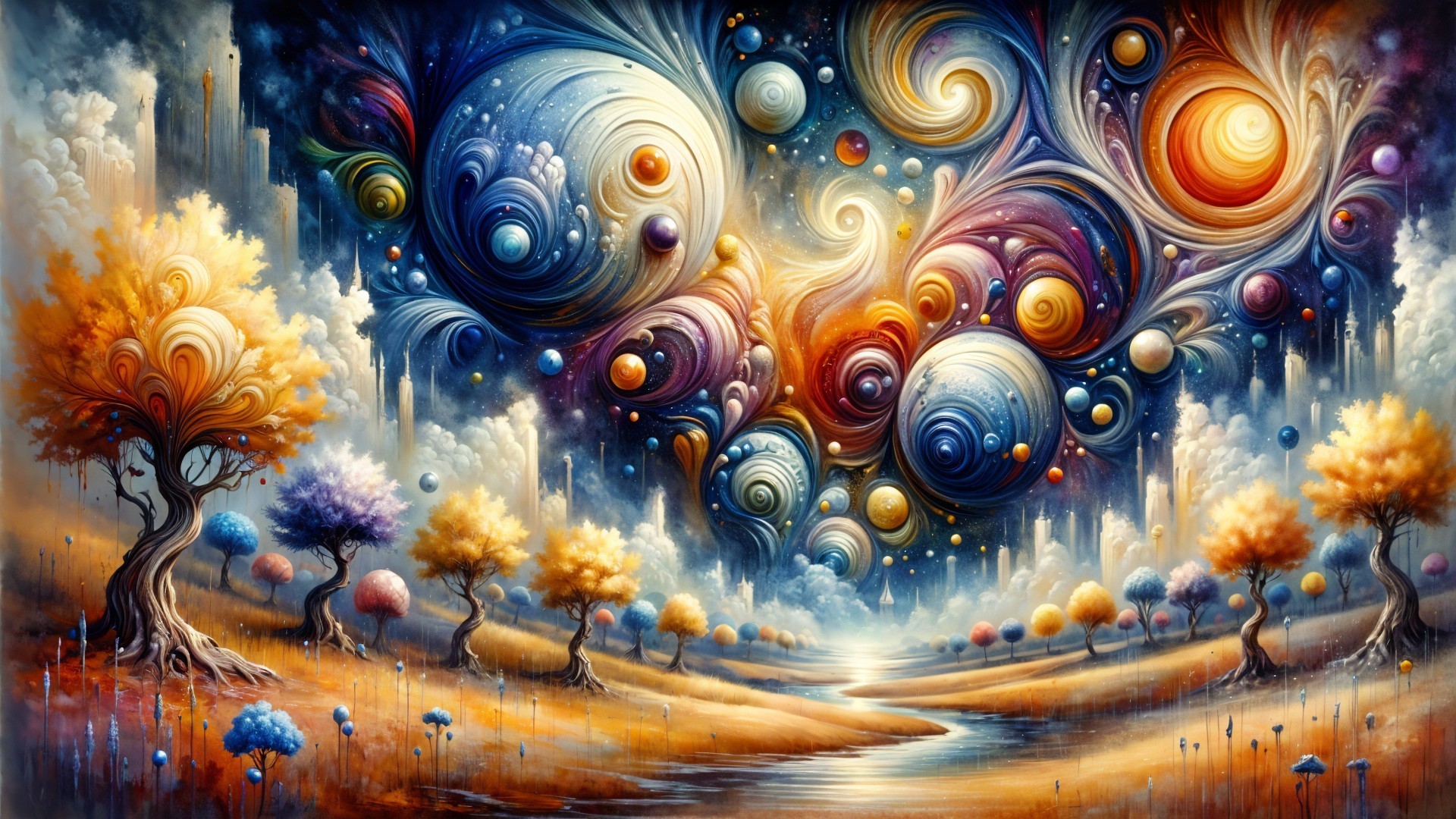 Surreal Landscape with Colorful River and Cosmic Sky