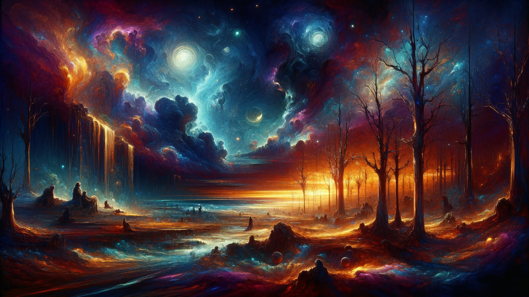 Vibrant Cosmic Landscape with Ethereal Clouds and Waterfalls