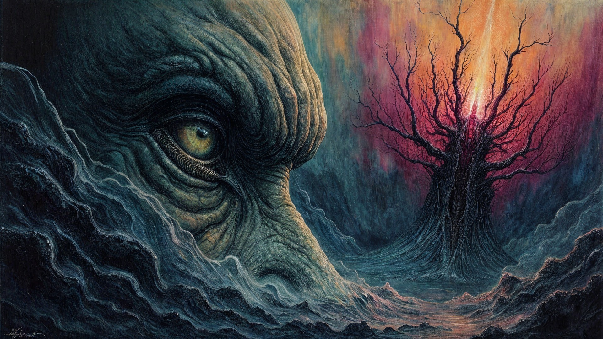 Colossal Eye and Gnarled Tree in Surreal Landscape