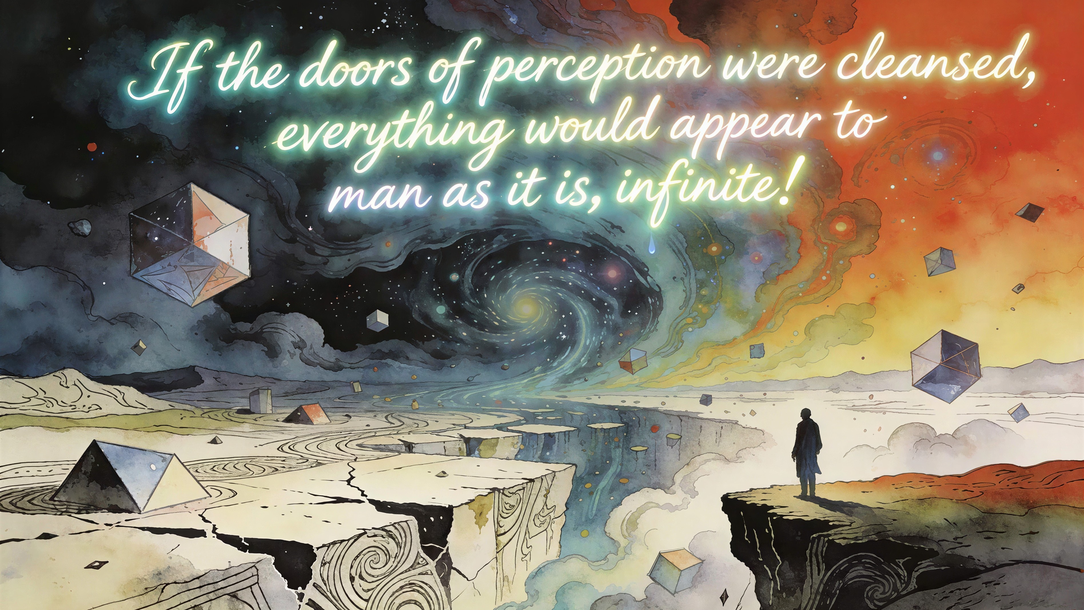 Watercolor and Ink Illustration of Cosmic Landscape