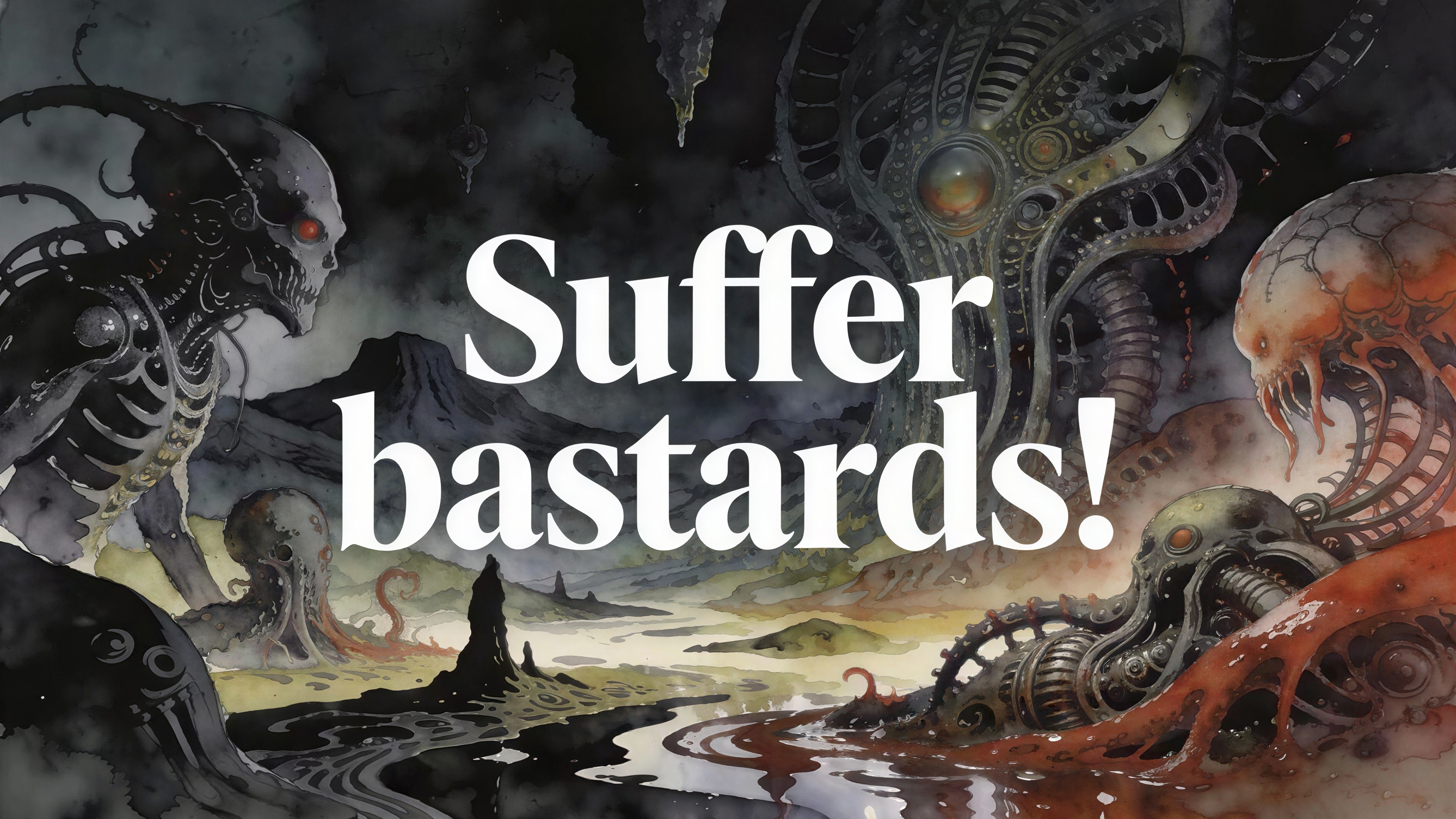 Gothic Sci-Fi Watercolor Landscape with Monstrous Creatures