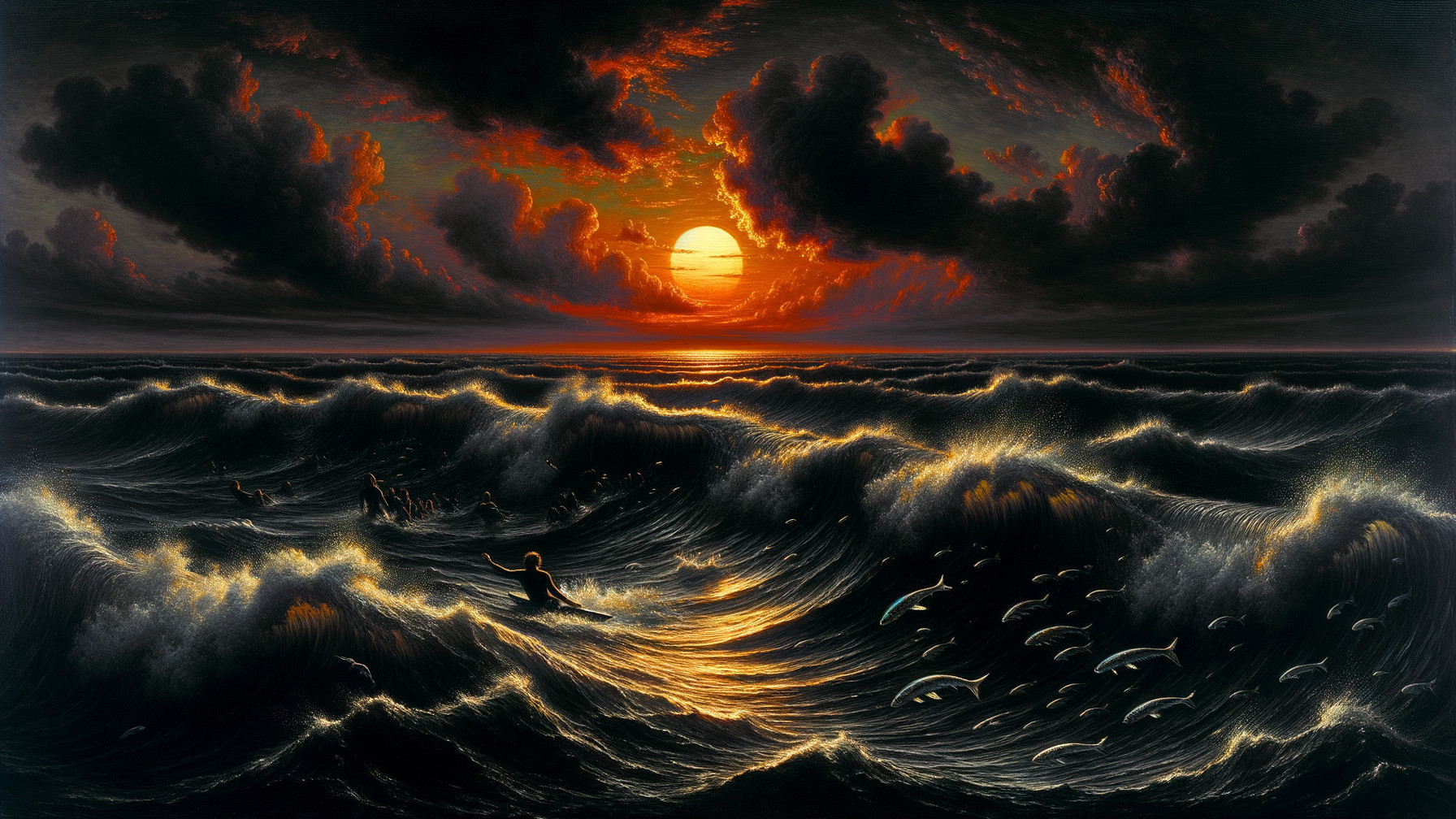 Dramatic Sunset Seascape with Surfer and Fish