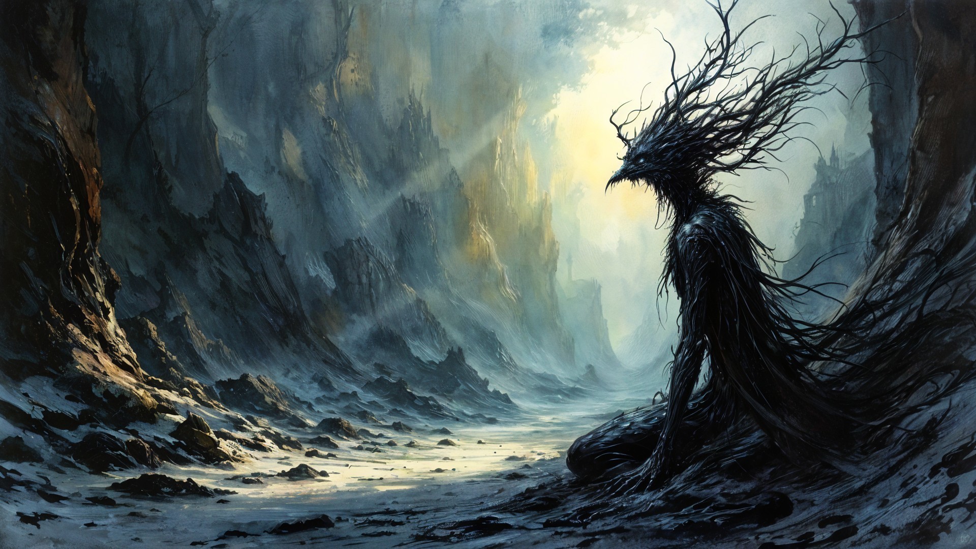 Surreal Figure in Dark Landscape with Eerie Atmosphere