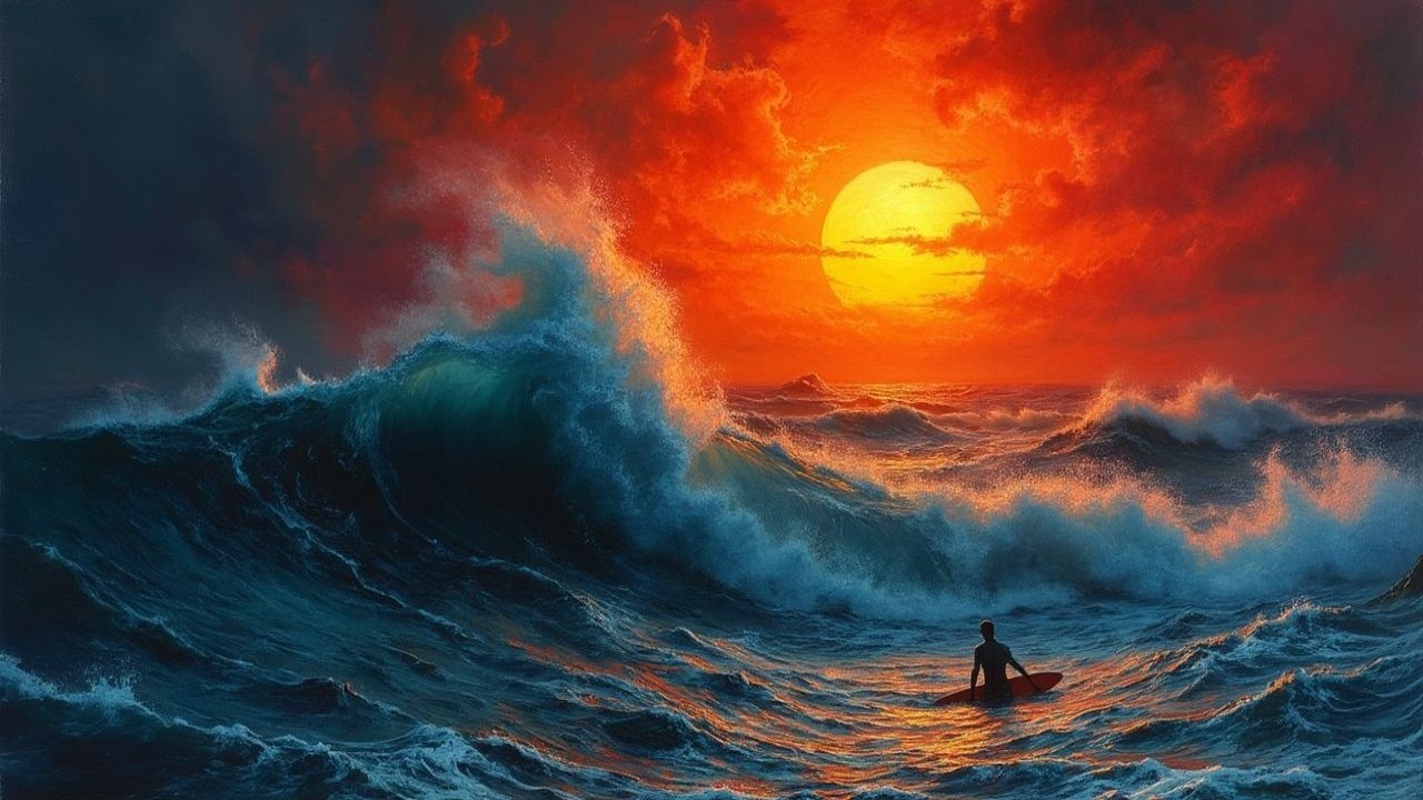 Seascape at Sunset with Waves and Surfer Silhouette