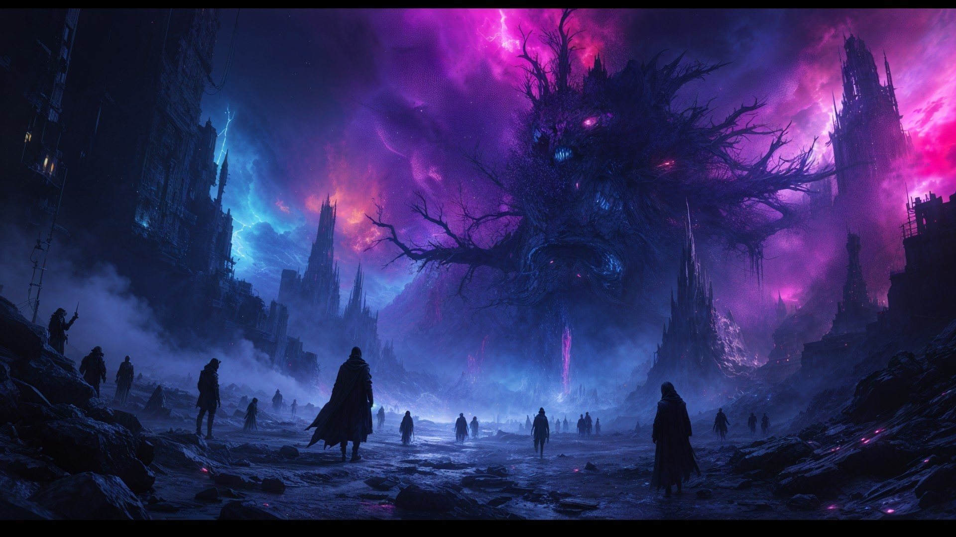 Mystical Landscape with Cloaked Figures and Monstrous Entity