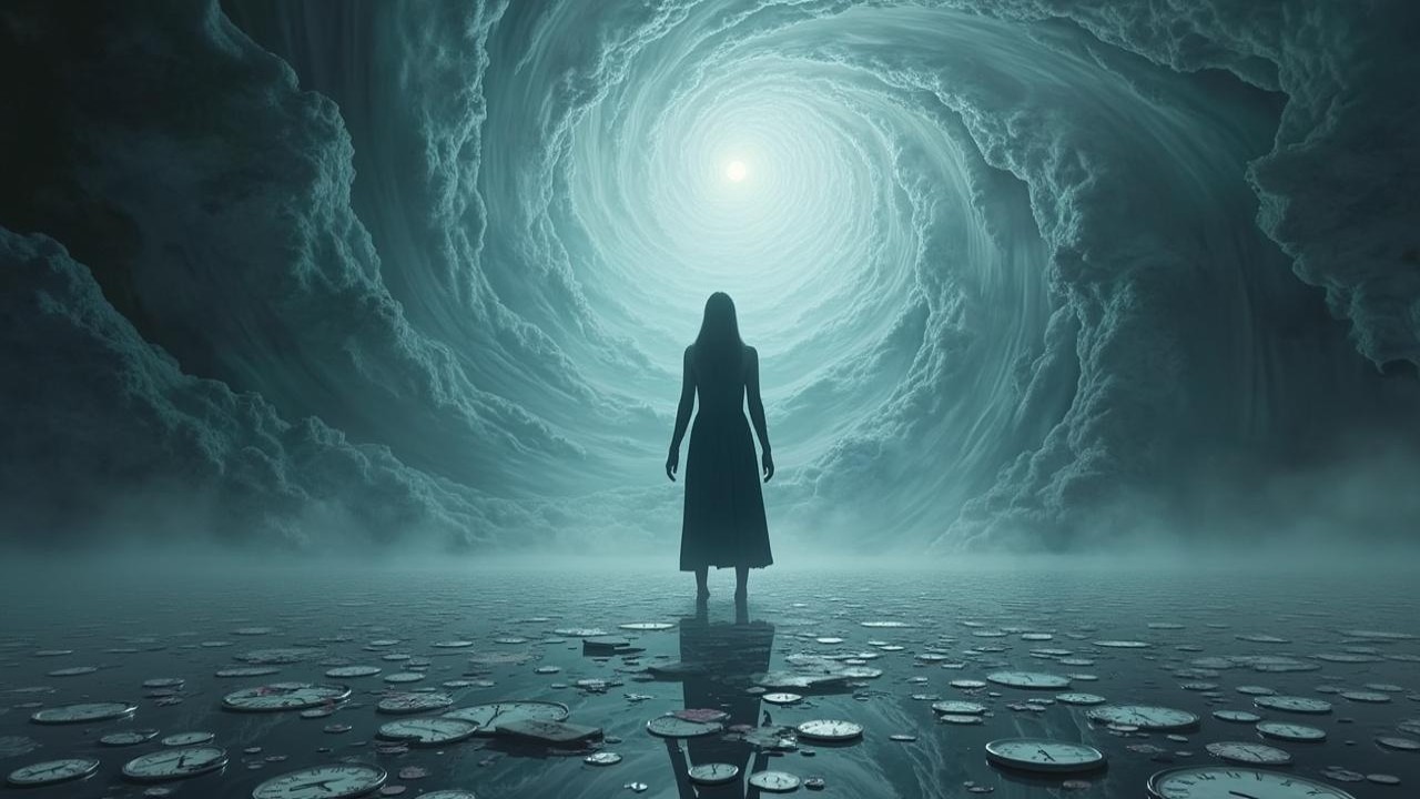 Solitary Figure on Reflective Surface with Vortex and Clocks