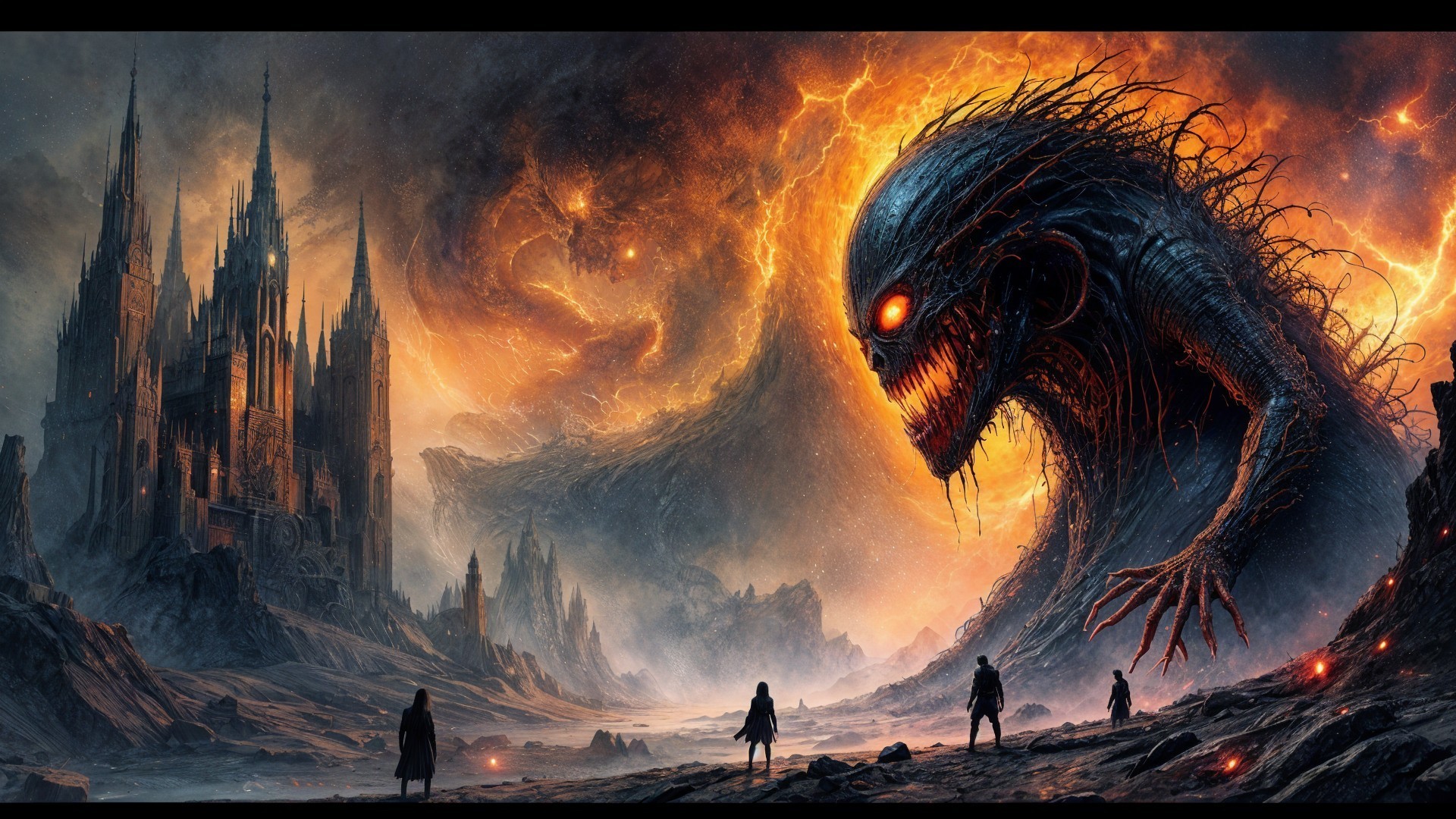 Monstrous Creature Overlooks Gothic Castle Landscape