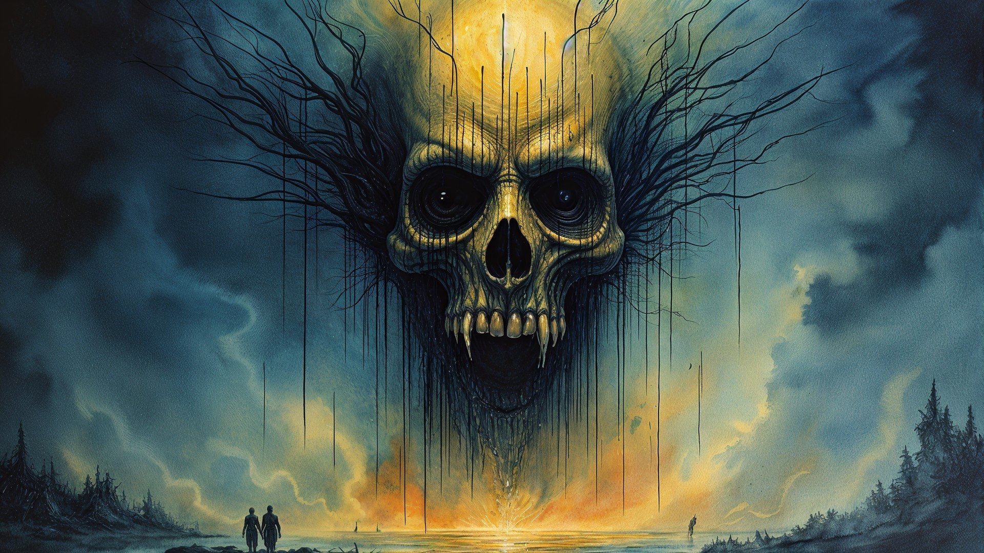 Gigantic Skull with Branches Against Twilight Sky