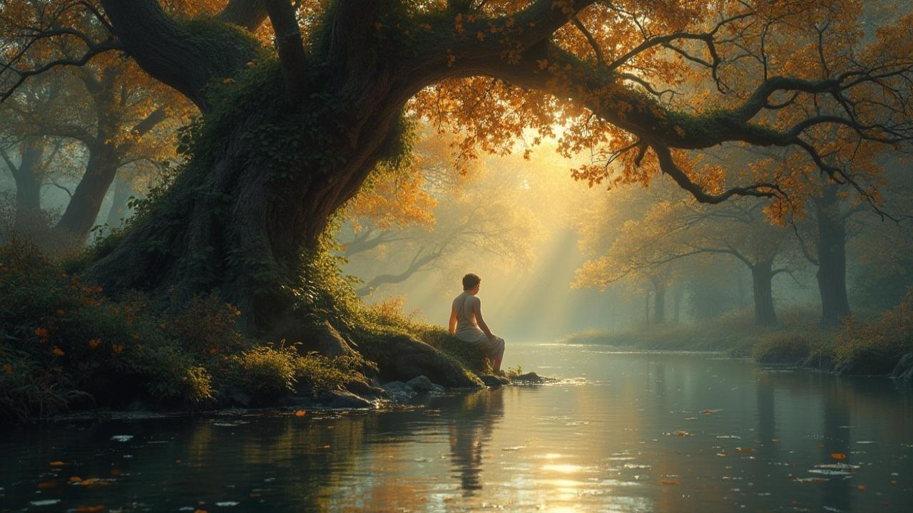 Autumn Forest Scene with River and Vibrant Leaves